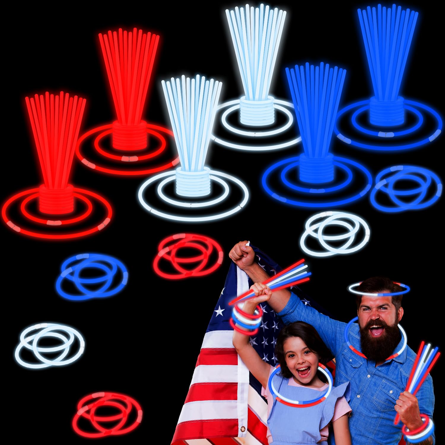 Photo 1 of Bulk Fourth of July Red White Blue Glow Sticks 500 PCS, Patriotic Light Up Bracelets Necklaces Accessories for Kids, Glow Party Favors Supplies Decorations for 250th Anniversary, 4 of July Parade,Pool