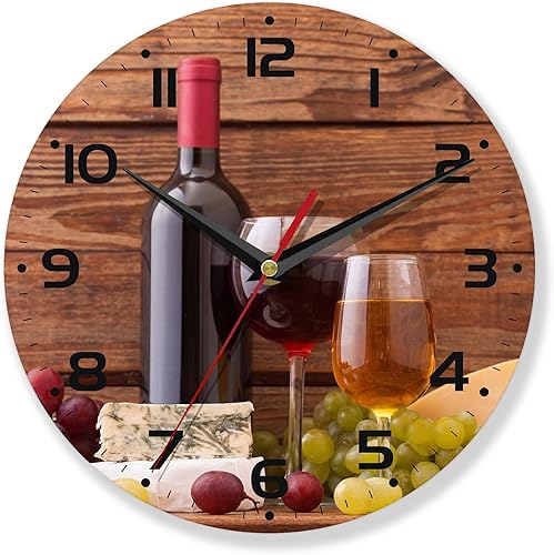 Relojes de pared, reloj de pared de madera de vino tinto decorativo, reloj de pared de cocina con pilas, reloj de pared redondo de 10 pulgadas para