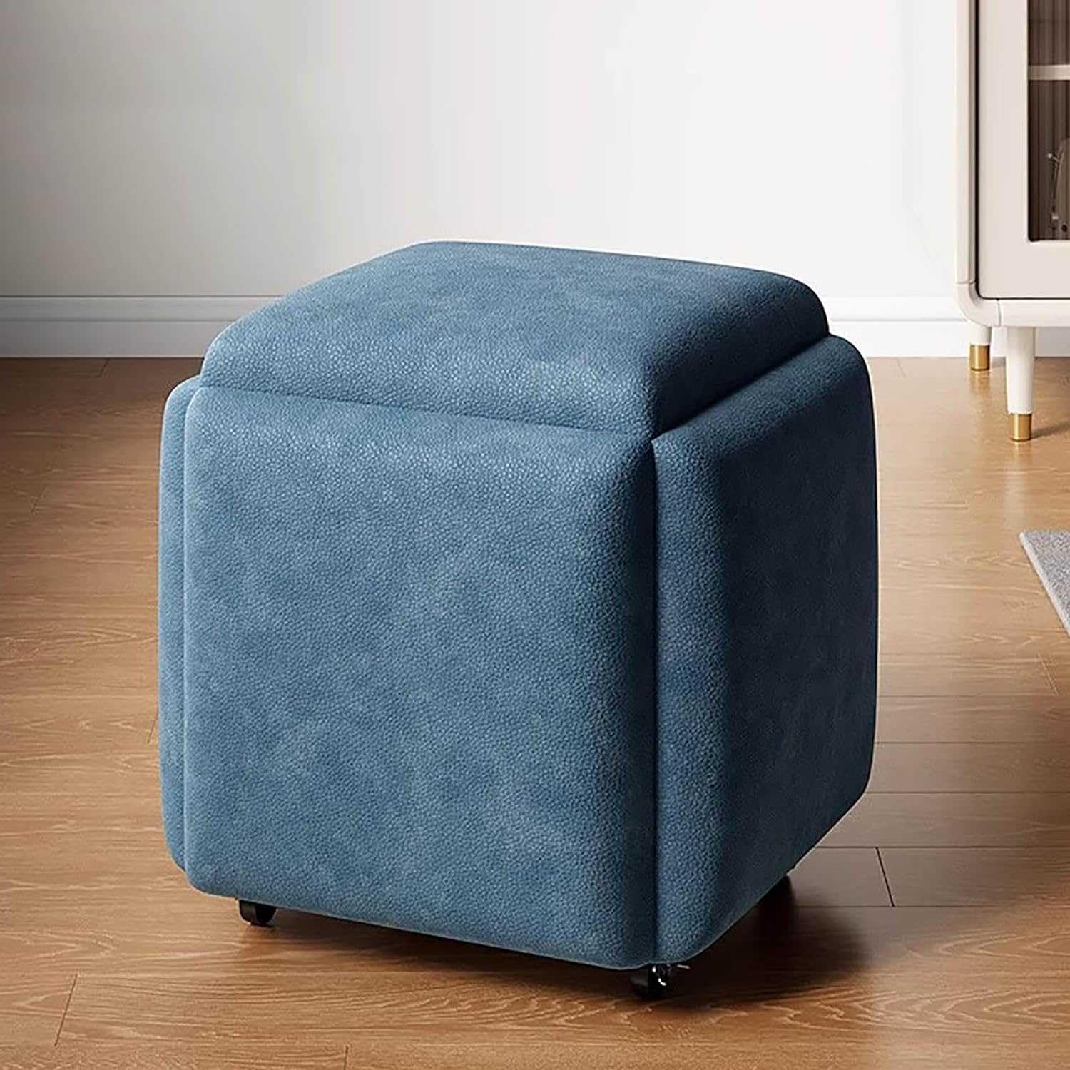 Pouf gigogne avec chaises intégrées et repose-pieds mobile bleu de salon