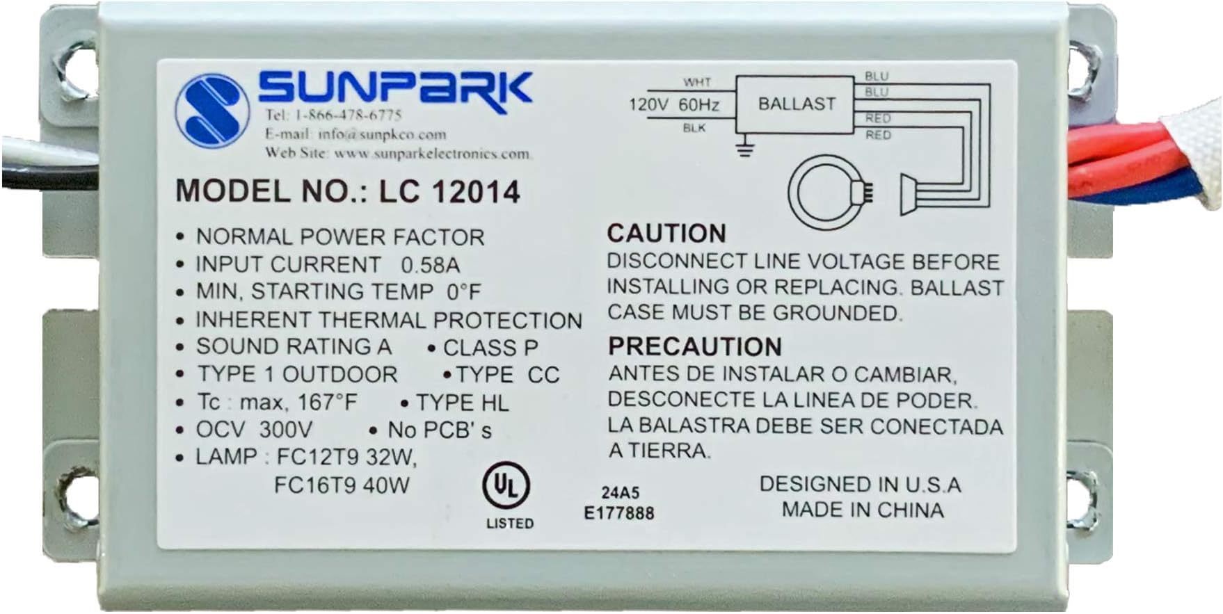 Sunpark LC 12014 (LC12014T) electronic ballast for one FC12T9, FC16T9 or 38w 2D lamp by Sunpark