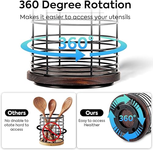 Miniatura 3 de Soporte giratorio de 360 para encimera de cocina, soporte de utensilios de cocina grande de metal y madera de 6.5 pulgadas con orificio de drenaje,