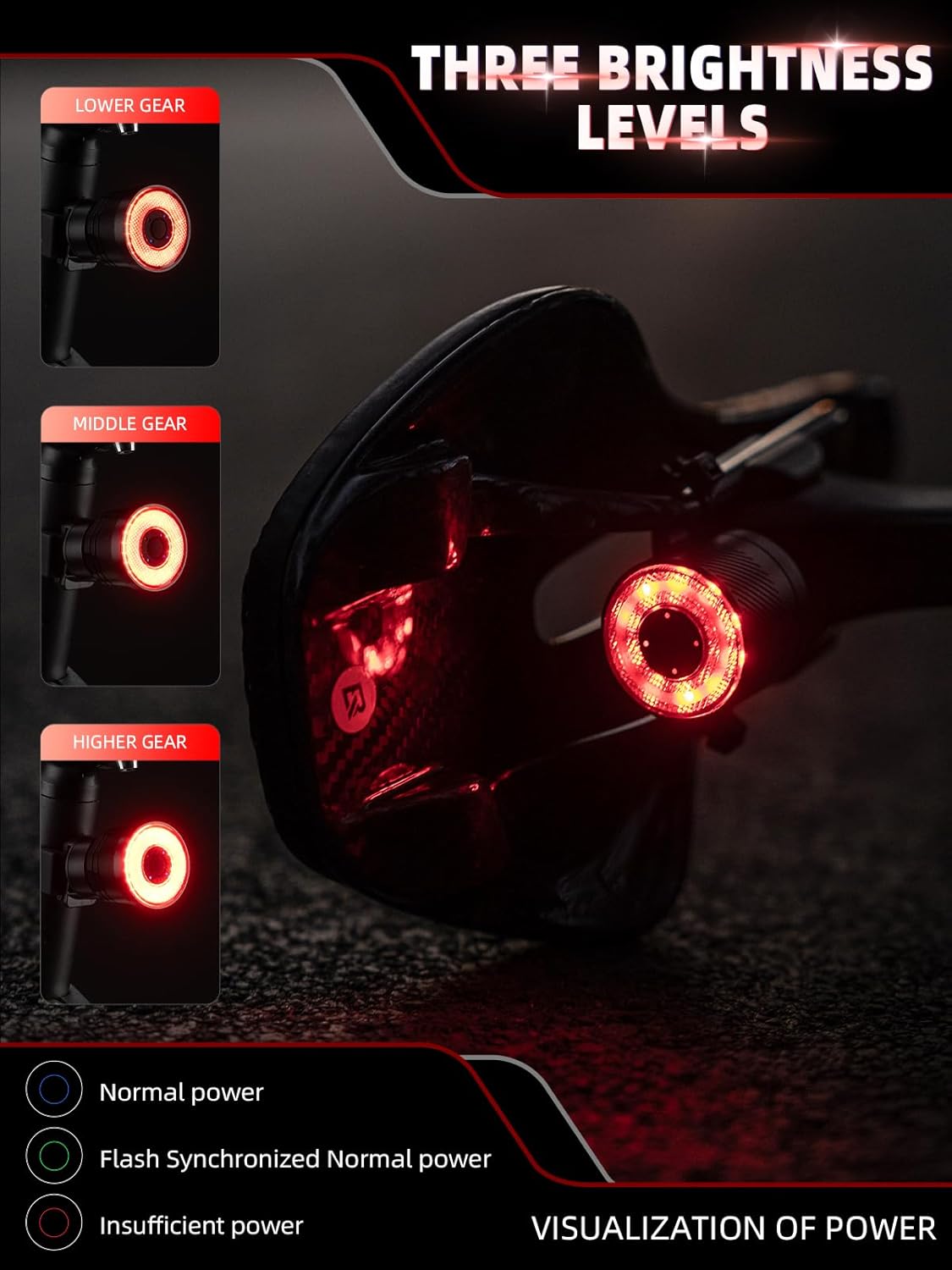 ROCKBROS Smart Bike Tail Light Brake Sensing Bicycle Rear Lights for Night Riding with IPX6 Waterproof, Type C USB Rechargeable