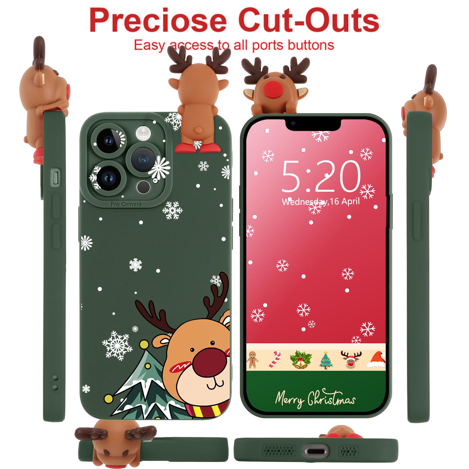 Pnakqil Cover Per IPhone 14 Pro Max 2 Pezzi - Custodia In Silicone Trasparente Con Motivo Natalizio 3D (Cervo, Pupazzo Di Neve), Morbida E Antiurto - 3