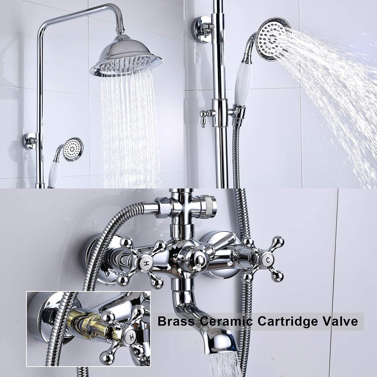 Chrome Polished Shower Fixture 8 Inch Rainfall Shower Head with Handheld Spray 3 Functions Shower Combo Set Wall Mount with Matching Chrome Polished Widespread Bathtub Faucet Three Hole Deck Mount
