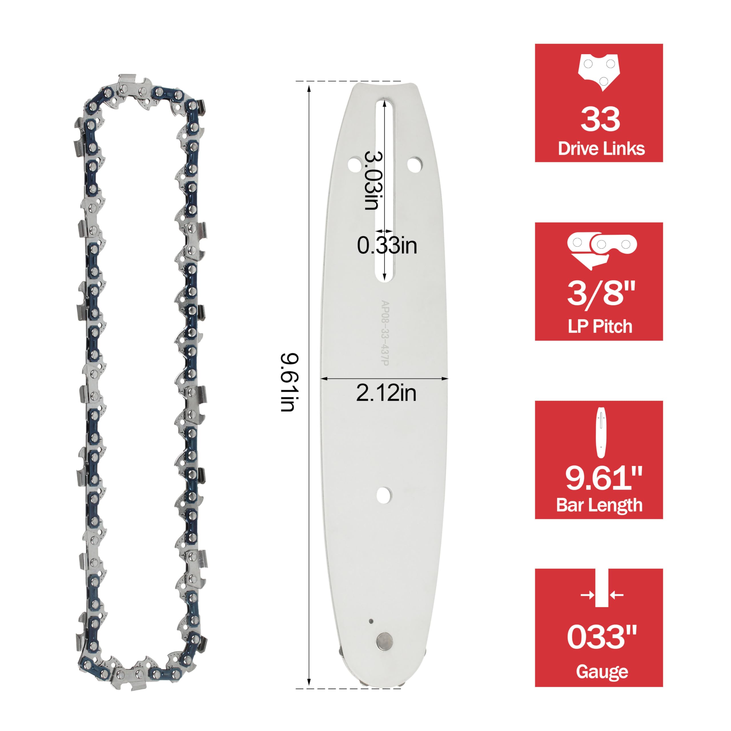 49-16-2750 Cadena de repuesto de 8 pulgadas y barra guía de sierra de podar 49-16-2751 de 8 pulgadas para sierra de podar Milwaukee 3004-20 M18 Hatchet [1 cadena + 1 barra]