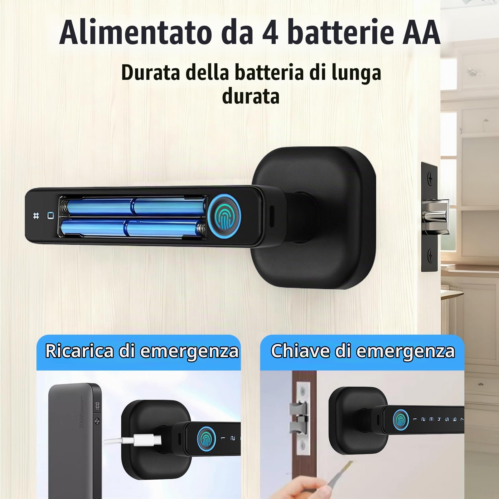 Serratura Intelligente per Porta, 5 in 1 Serratura Elettronica con Impronte Digitali, Telecomando App, Scheda IC, Codice Chiave, Chiave, Serratura Intelligente per Casa
