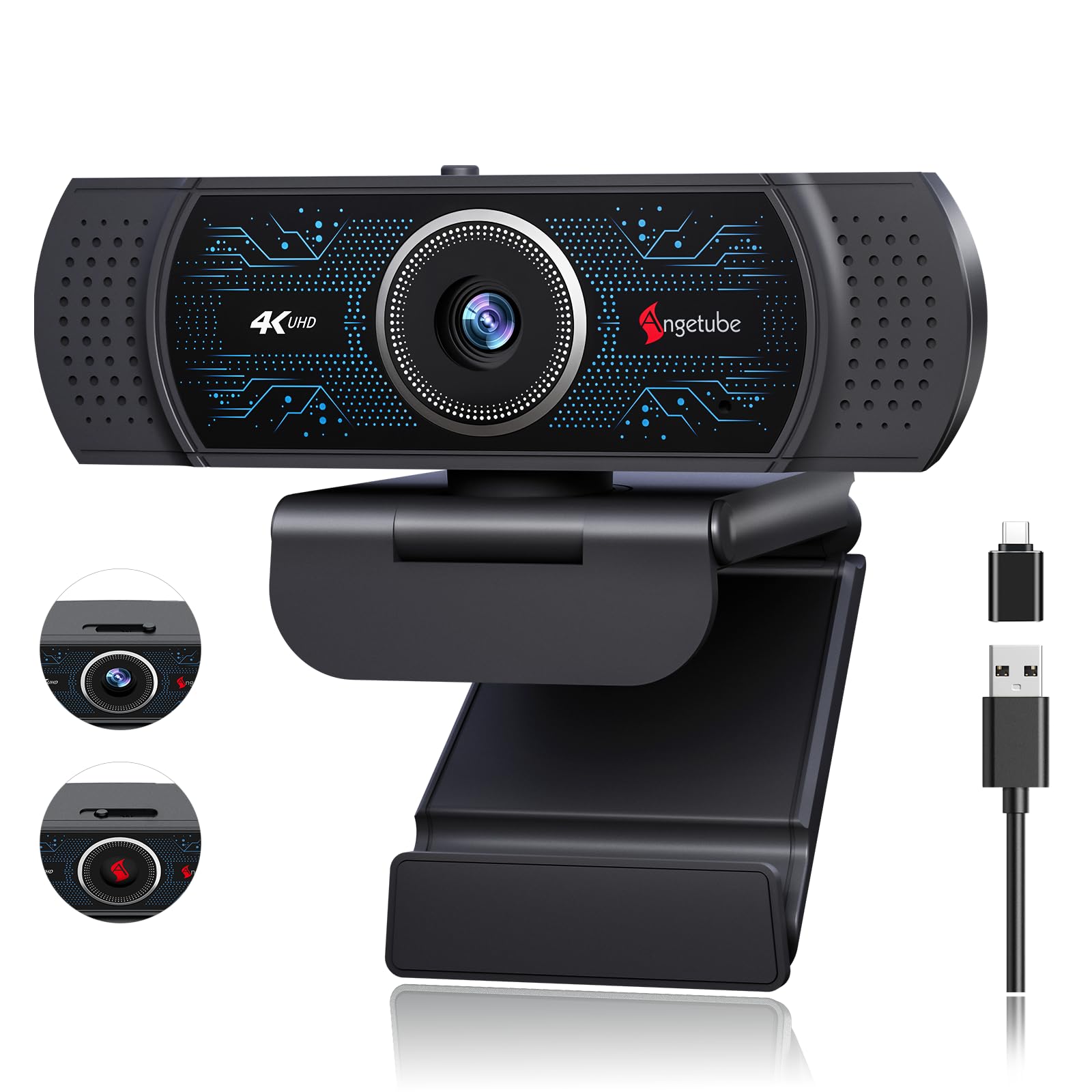 Angetube Webcam 4K pour PC, Web Caméra avec 2 Microphones, PDAF Automatique