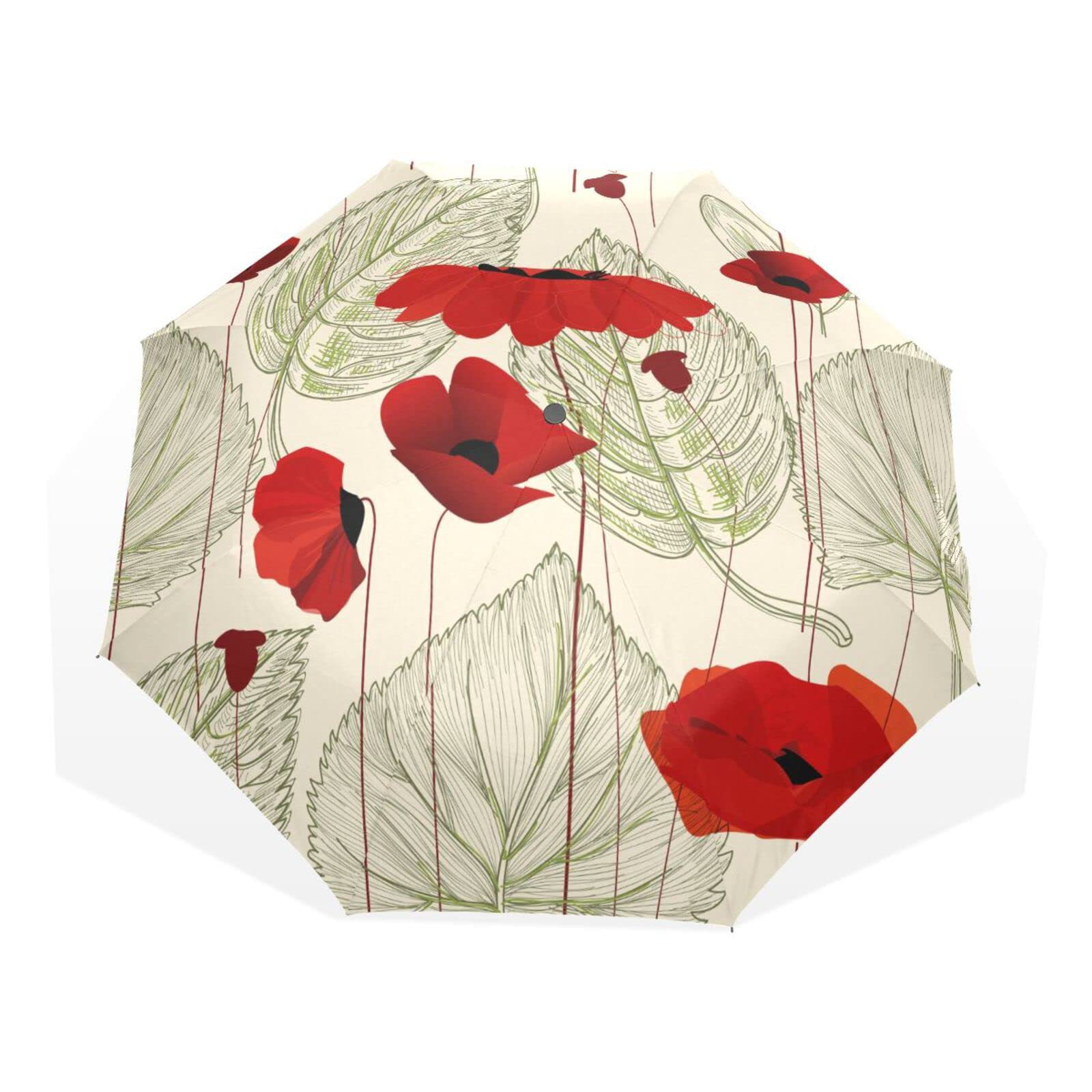 Poeticcity Vintage Floral Red Poppy Flowers Leaves Seamless Pattern Rain Travel Umbrella, Hand Open Close Windproof Waterproof Folding Umbrella, Compact Canopy Strong Ray Parasol Umbrella