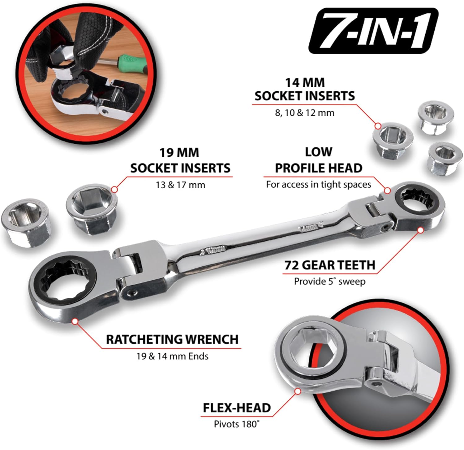 Performance Tool W30649 Flex Head Ratcheting Wrench Set - 7 Piece Metric, Low Profile, 72 Tooth, with Reusable Storage Case