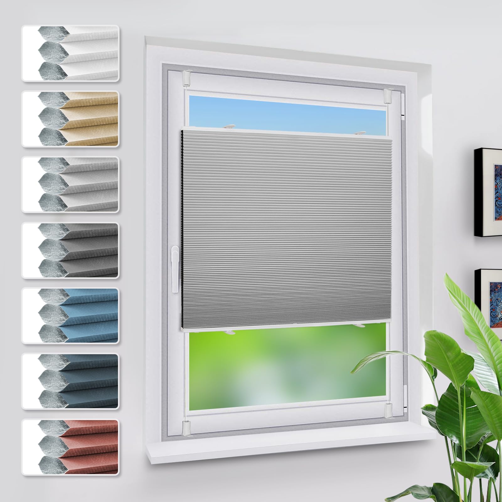 Grandekor Verdunklungsplissee Wabenplissee ohne Bohren Weiß-Hellgrau 70x120cm (BxH) Klemmfix Plissee ohne Bohren Verdunkelung Thermo Rollo Wärmedämmung, Privatsphäre - & Sonnenschutz