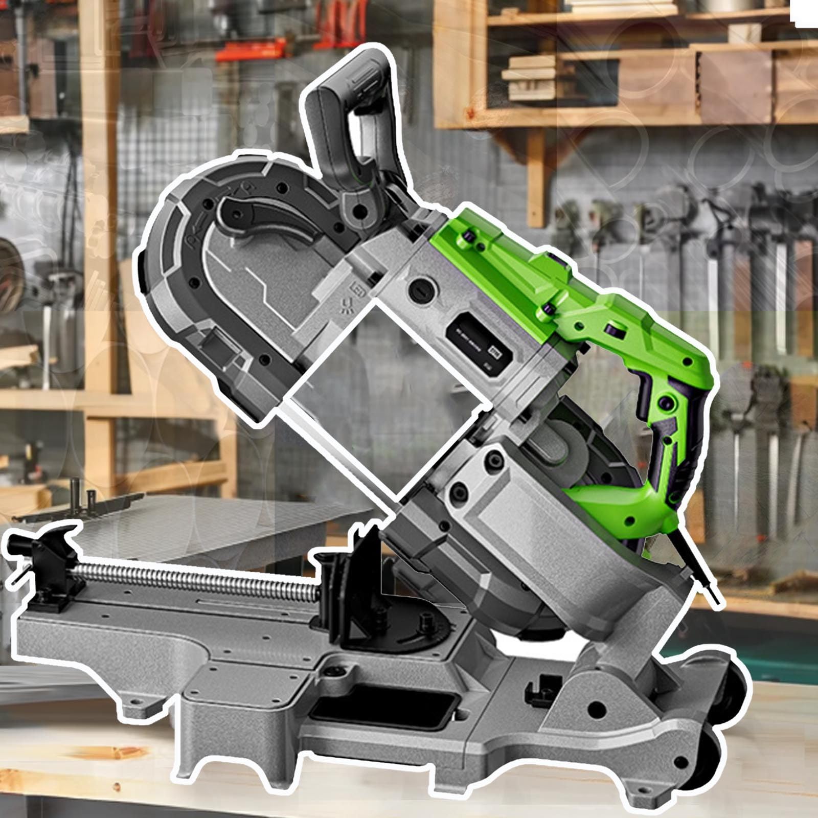 Sierra De Cinta 1100W+Base Con Ruedas,Sierra De Cinta Para Cortar Metal Y Madera,Sierra Cinta PortáTil-Redonda 110 Mm,Capacidad De Corte Angular 105Mm,6 Velocidades Ajustables (0,7-2,4m/s),Green