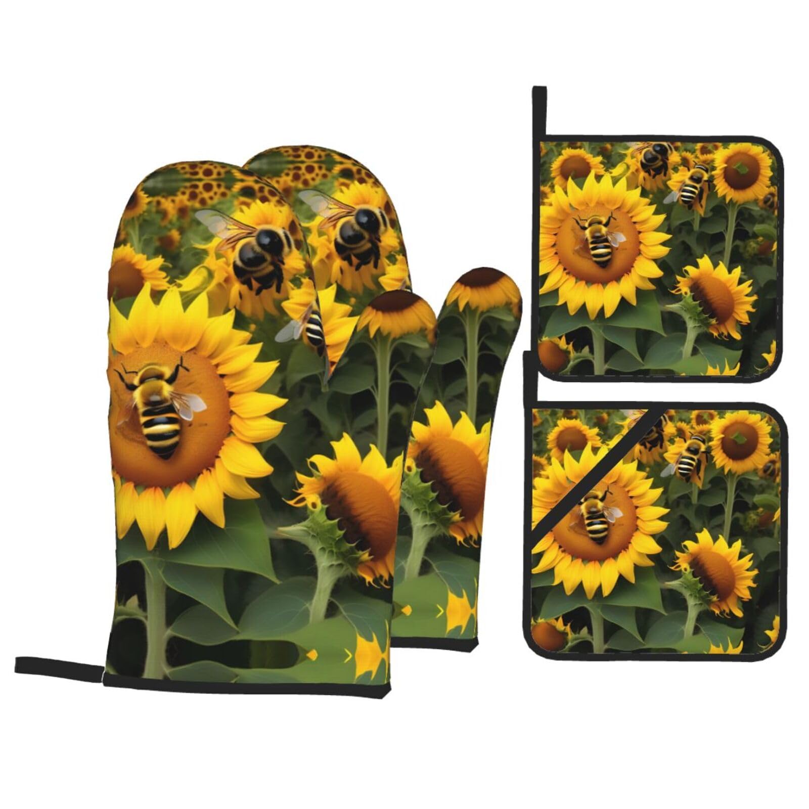 Sunflower Bees Print Oven Mitts,Pot Holders, Heat Resistant Oven Mitts Gloves,Hot Pads for Kitchen Cooking Grill