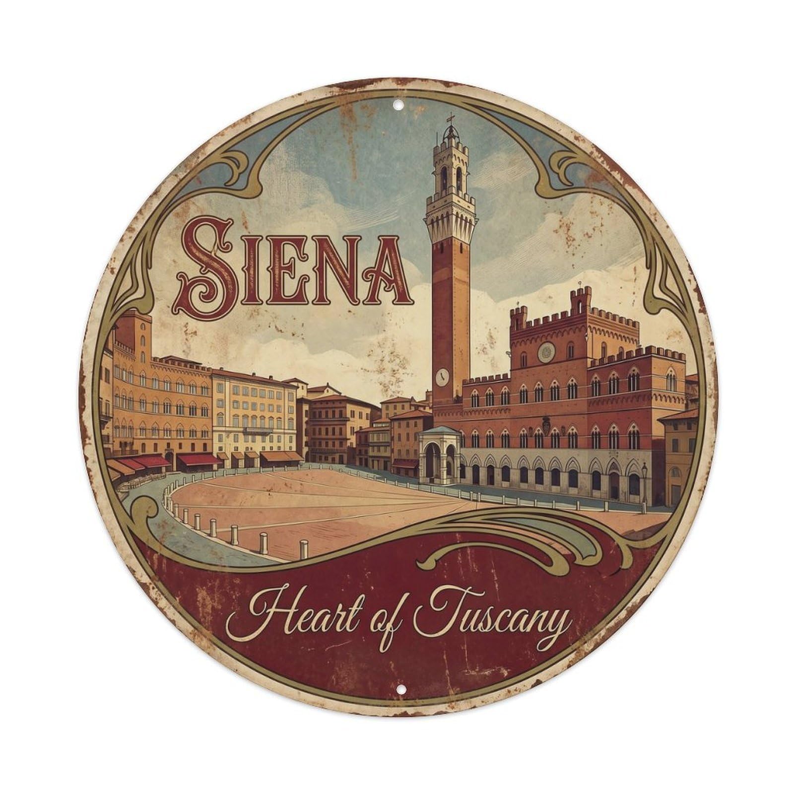 Vintage Travel Siena Square Italy Metal Tin Sign Plaque Wall Decor for Cafe, Club, Garden Round Metal Poster 8x8Inch
