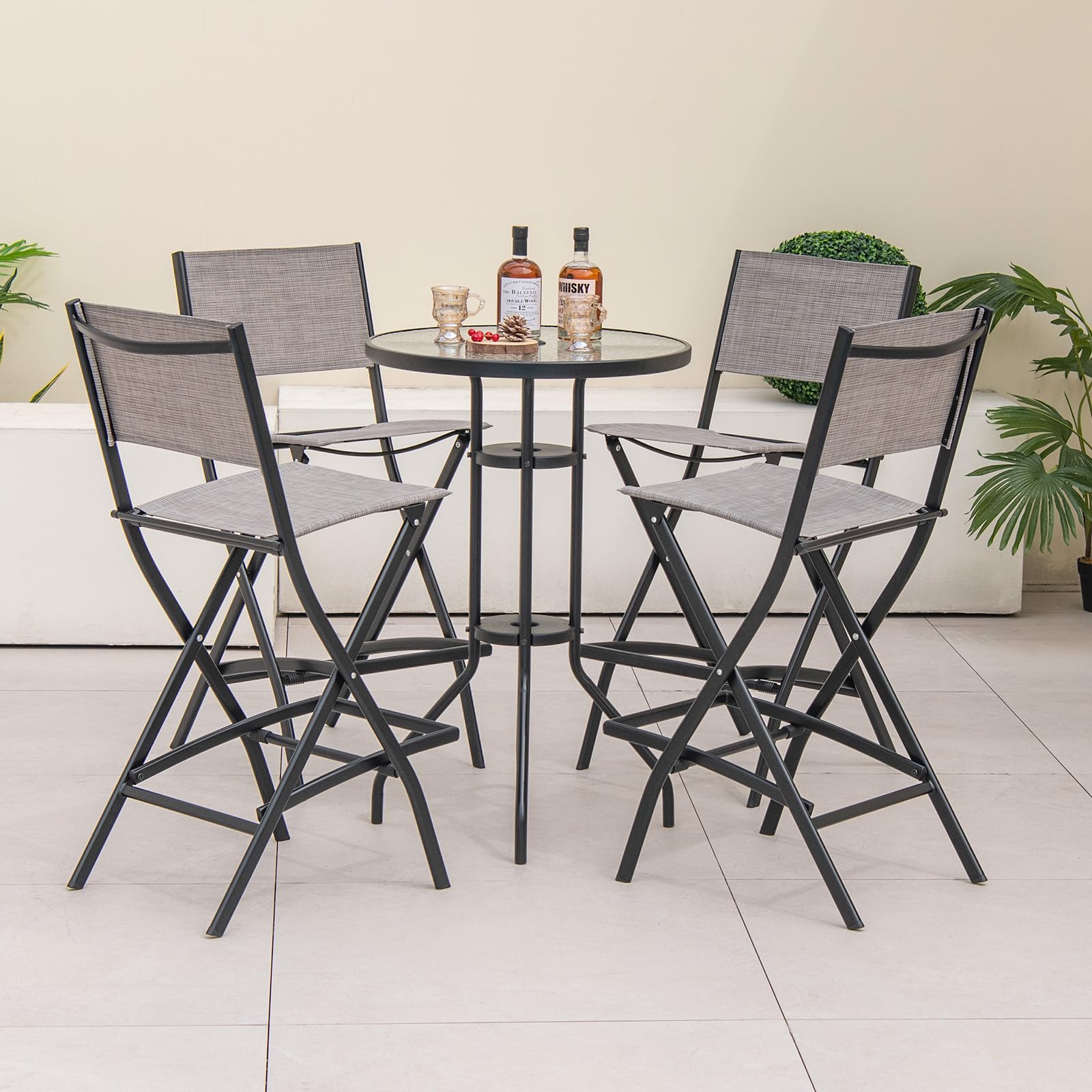 GIANTEX 2 Sedie da Bar Pieghevoli, con Schienale e Poggiapiedi, Telaio Metallico Resistente e Tessuto Traspirante, Ideali per Terrazza e Uso Domestico