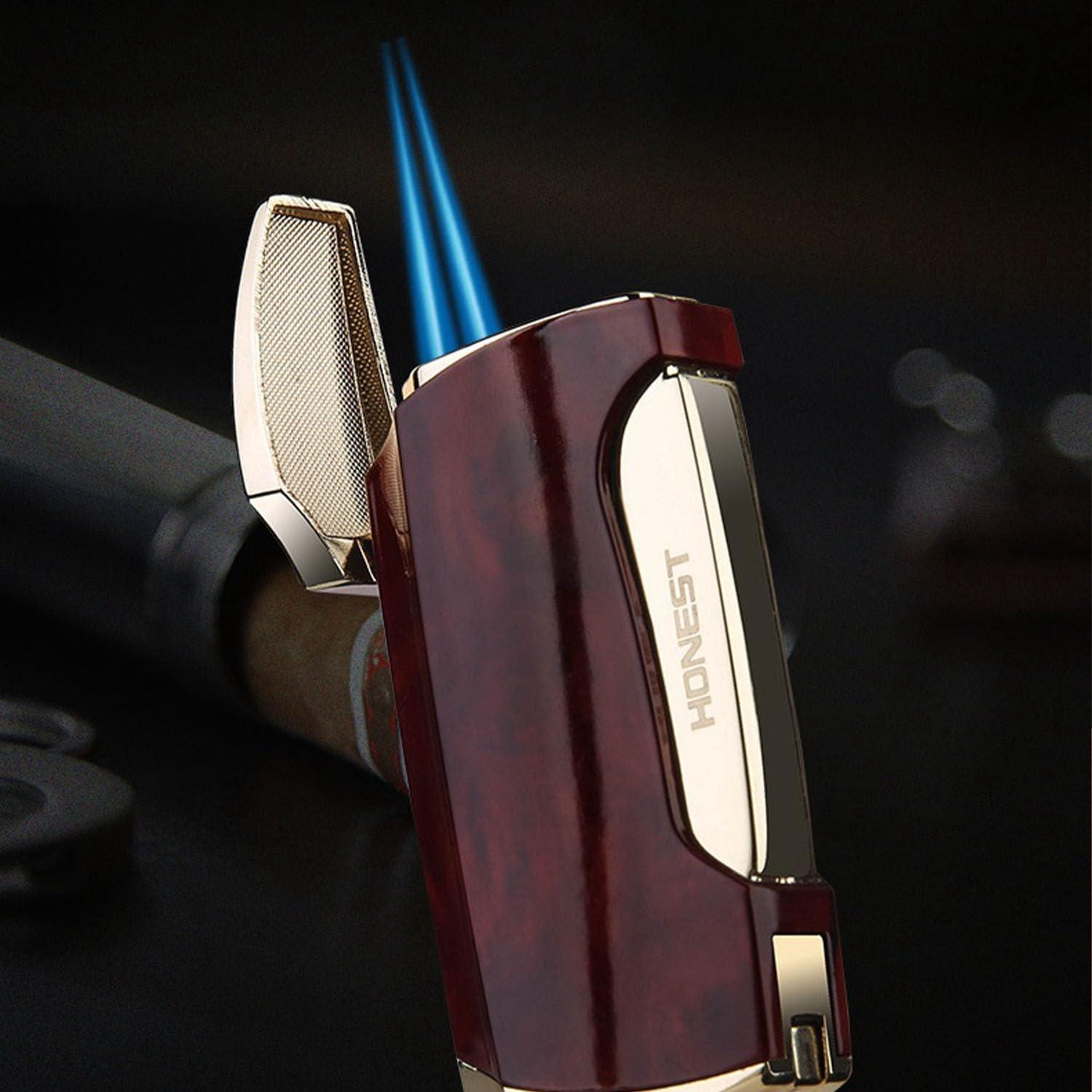 Mini Encendedor Chorro Doble Llama Más Ligero de Gas Butano Recargable y Ajustable con Perforador de Cigarros para Hombres y Mujeres (sin Gas),Gold