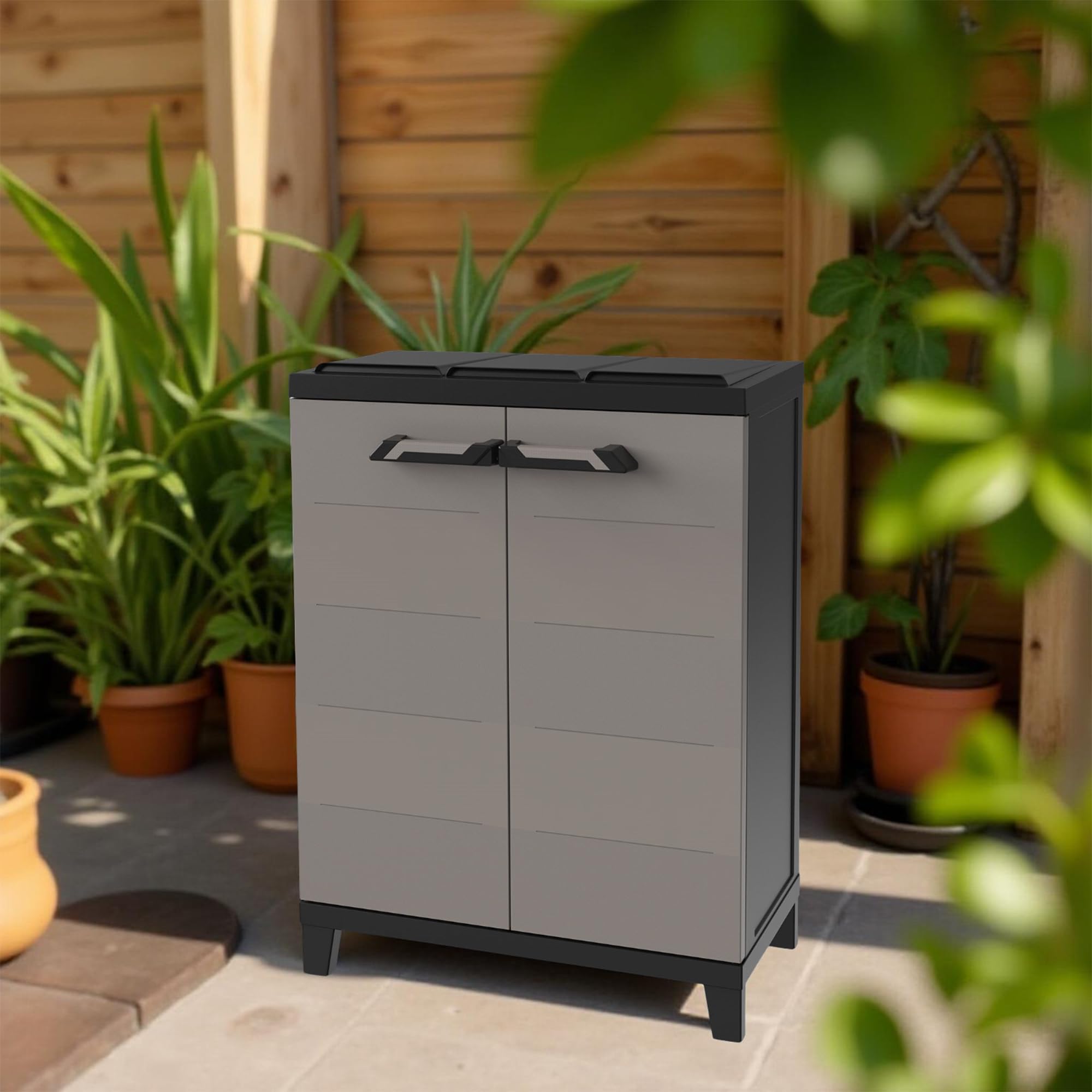 Sicignano Armadio Raccolta Differenziata in Plastica Riciclata per Interno ed Esterno con 2 Ante e Ripiani di Sicurezza – Antracite/Grigio Tortora 66x40x172 cm