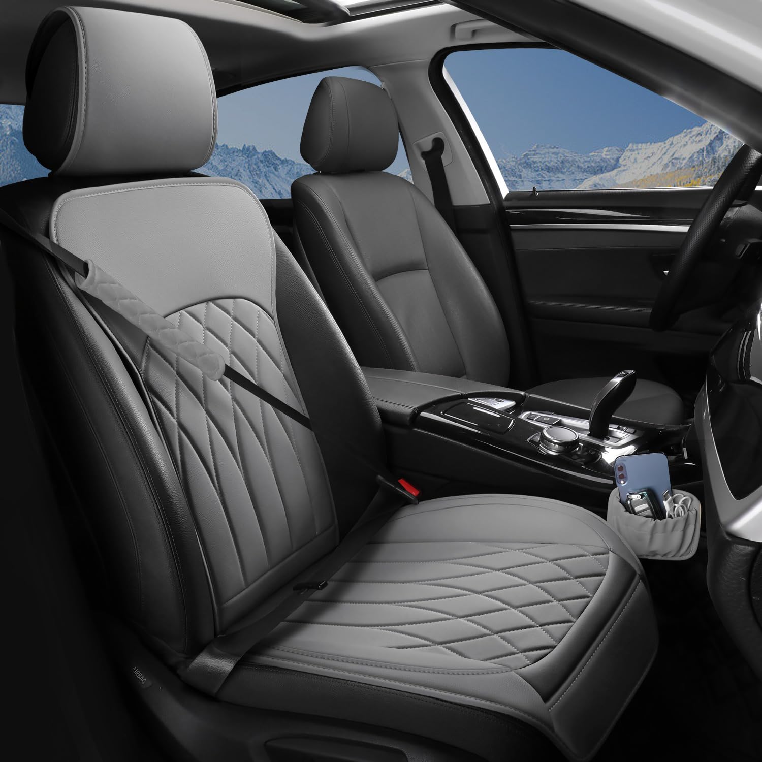 1 Pack Leather Front Car Seat Cover, Universal Sideless Car Seat Protector with Storage Pocket and Seat Belt Pad, Waterproof Automotive Seat Cover