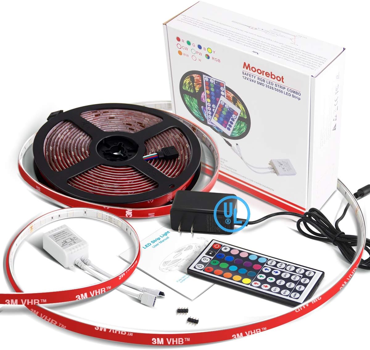 RGB LED Strip Lights, 16.4ft 150pcs 5050 LEDs, UL, Waterproof, 3M Adhesive, Dimmable Color Changing Rope Lights, 44Key Remote Control for Kitchen Bedroom Party Holiday Decoration…