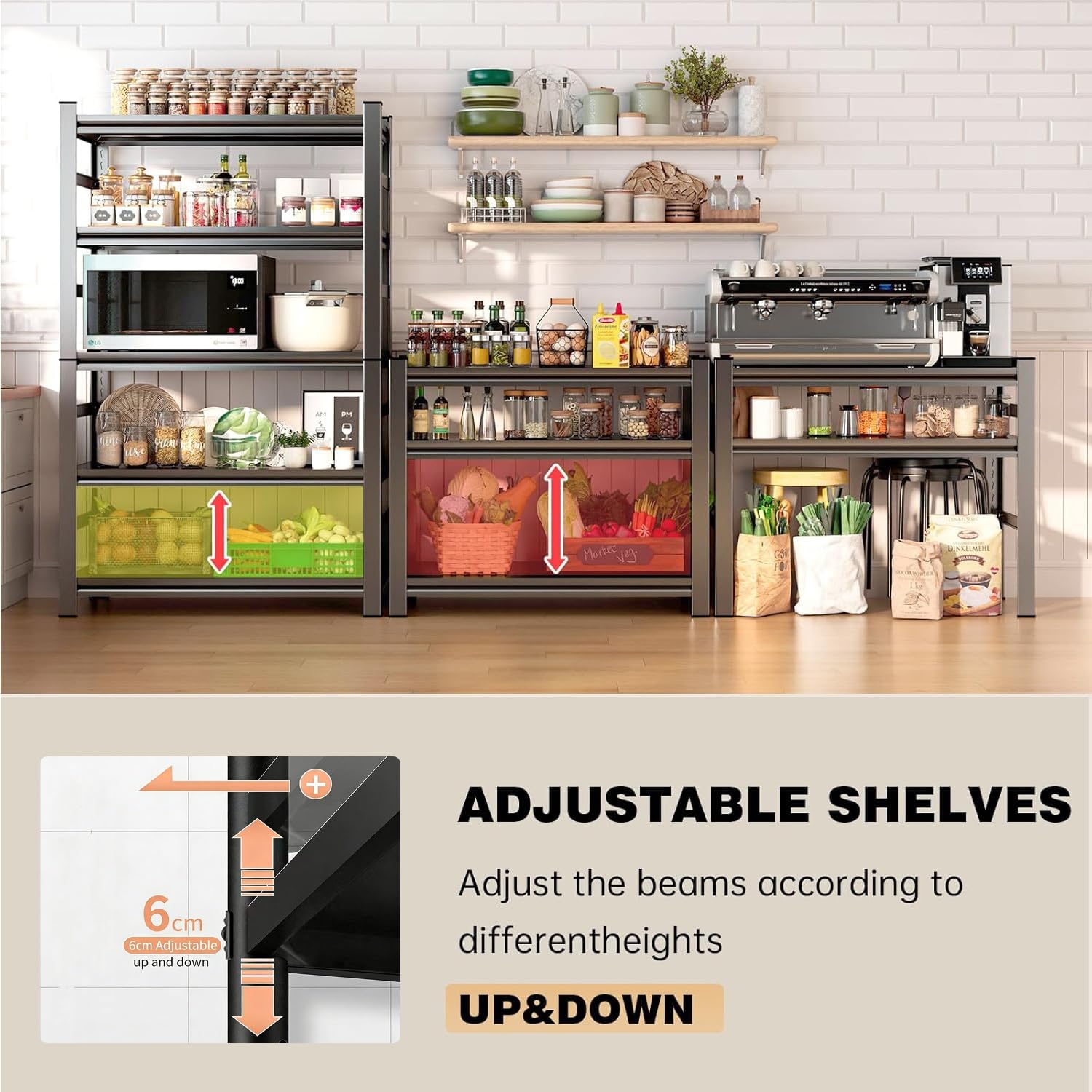 Scaffale da cucina in metallo resistente a 4 ripiani, ripiani regolabili per dispensa e garage (120 cm di altezza x 50 cm di lunghezza x 45 cm di larghezza), soluzione multifunzionale per scaffali per