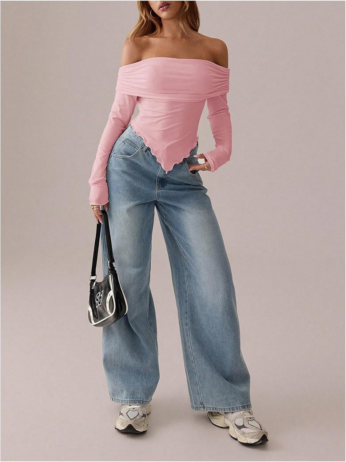 Verdusa Women's Y2K Off The Shoulder Tops Foldover Long Sleeve Asymmetrical Fitted T Shirt - Image 6