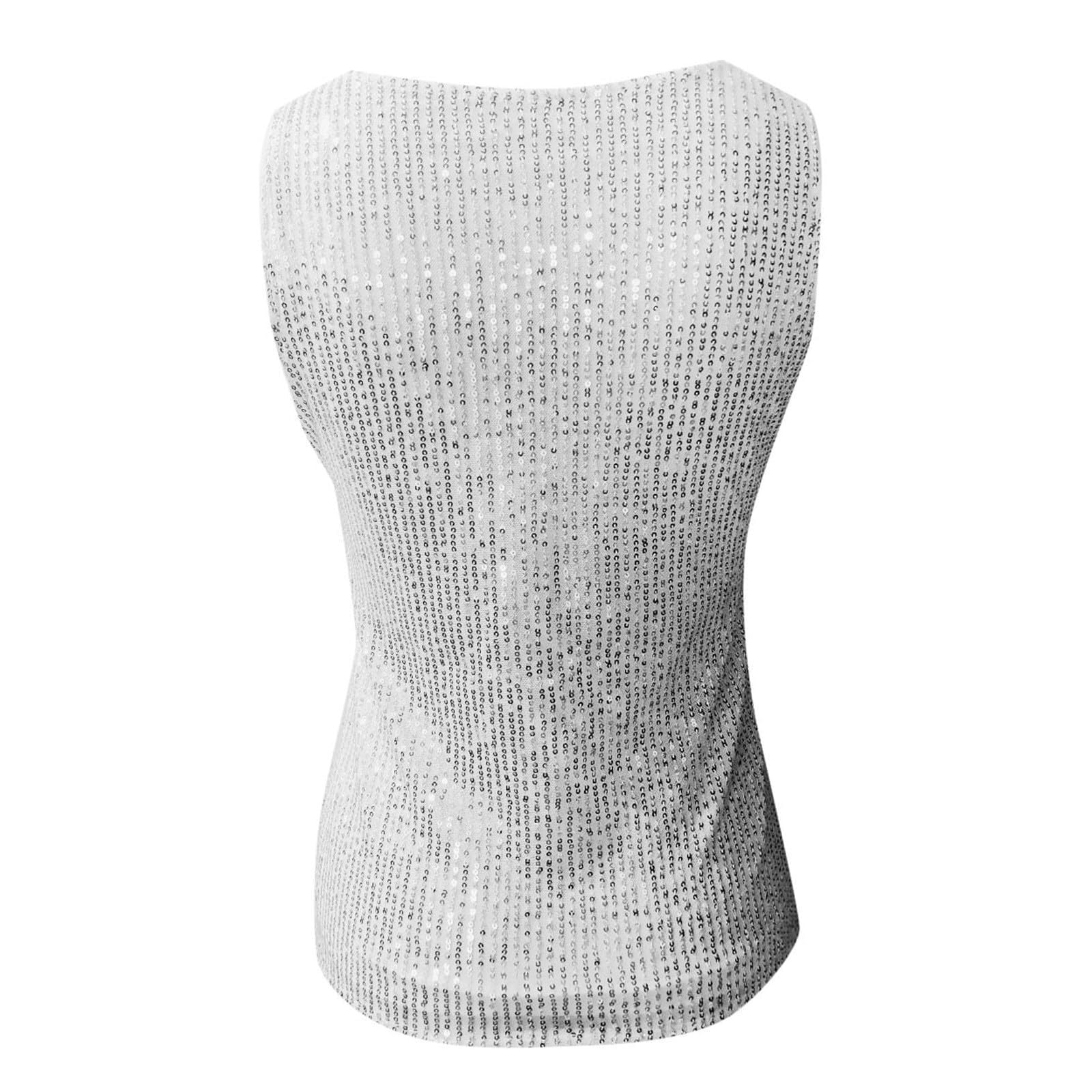 Mujer Brillo Top V Cuello Fiesta Lentejuelas Sin Mangas Plata Concierto