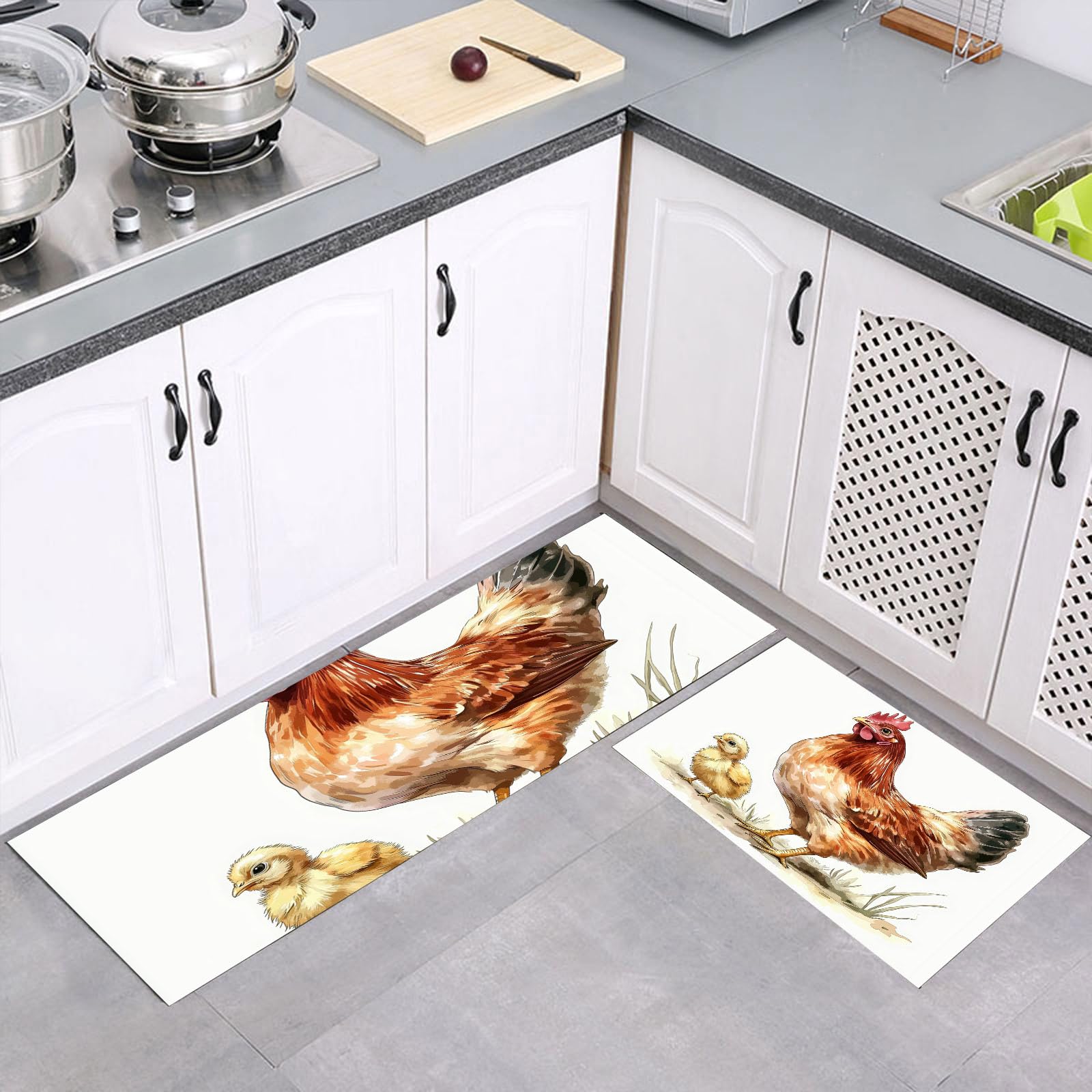 Alfombras de cocina lavables de 2 piezas con diseño de gallina vintage marrón para pasillo