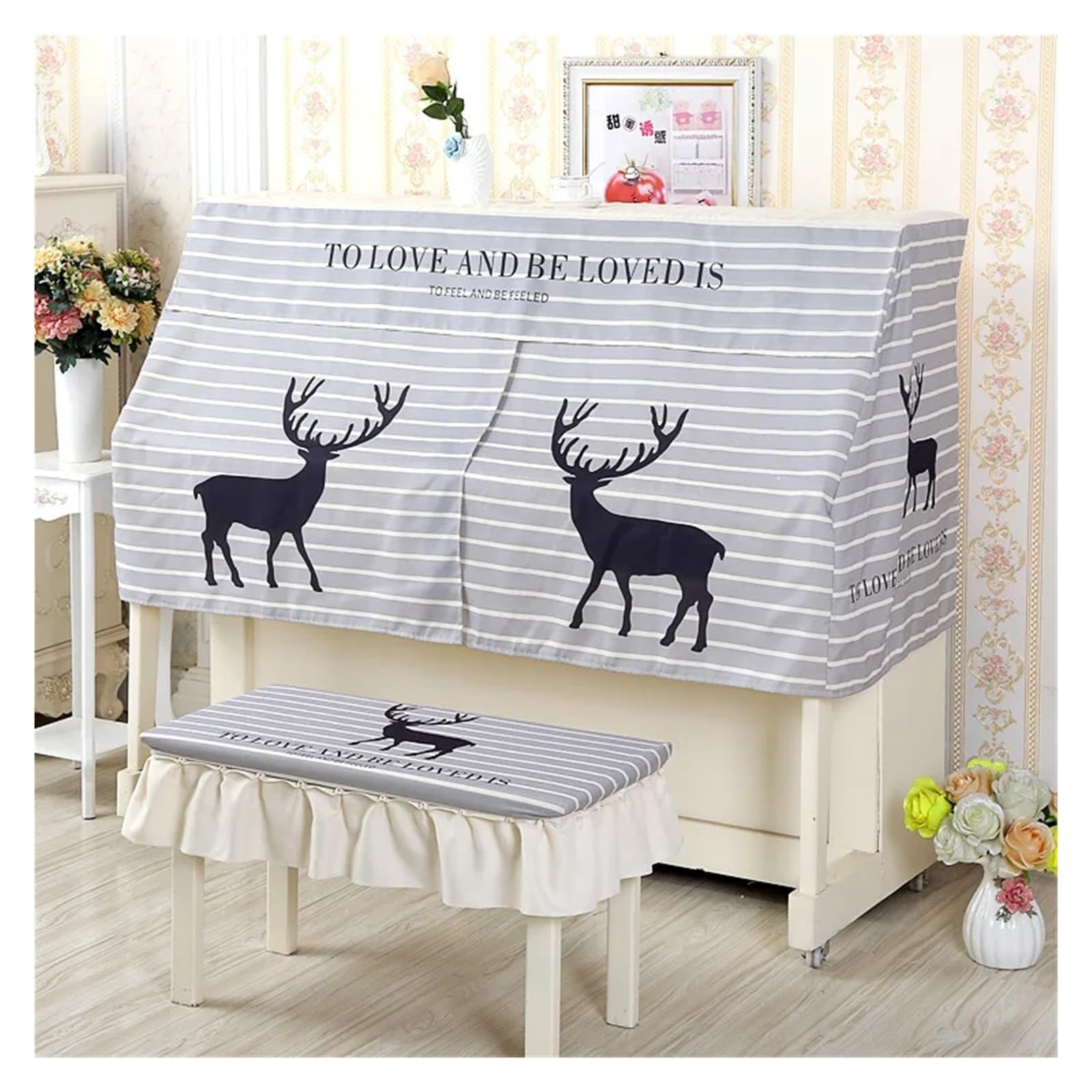 Copertura Per Pianoforte Copertura for pianoforte con animazione a cartoni animati, mezza copertura, antipolvere, moderna e semplice(Striped deer,Cover double stool)