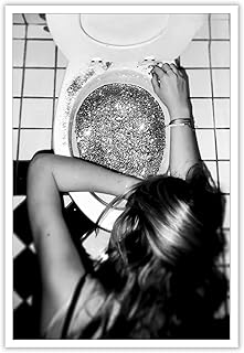 Funny Toilet Canvas Wall Art Trendy Hot Girls Drinking Champagne Art Print (Woman Sleeping in Glitter Prin) Black and White Poster Preppy Posters Print Bar Cart Wall Decor 12x16in Unframed
