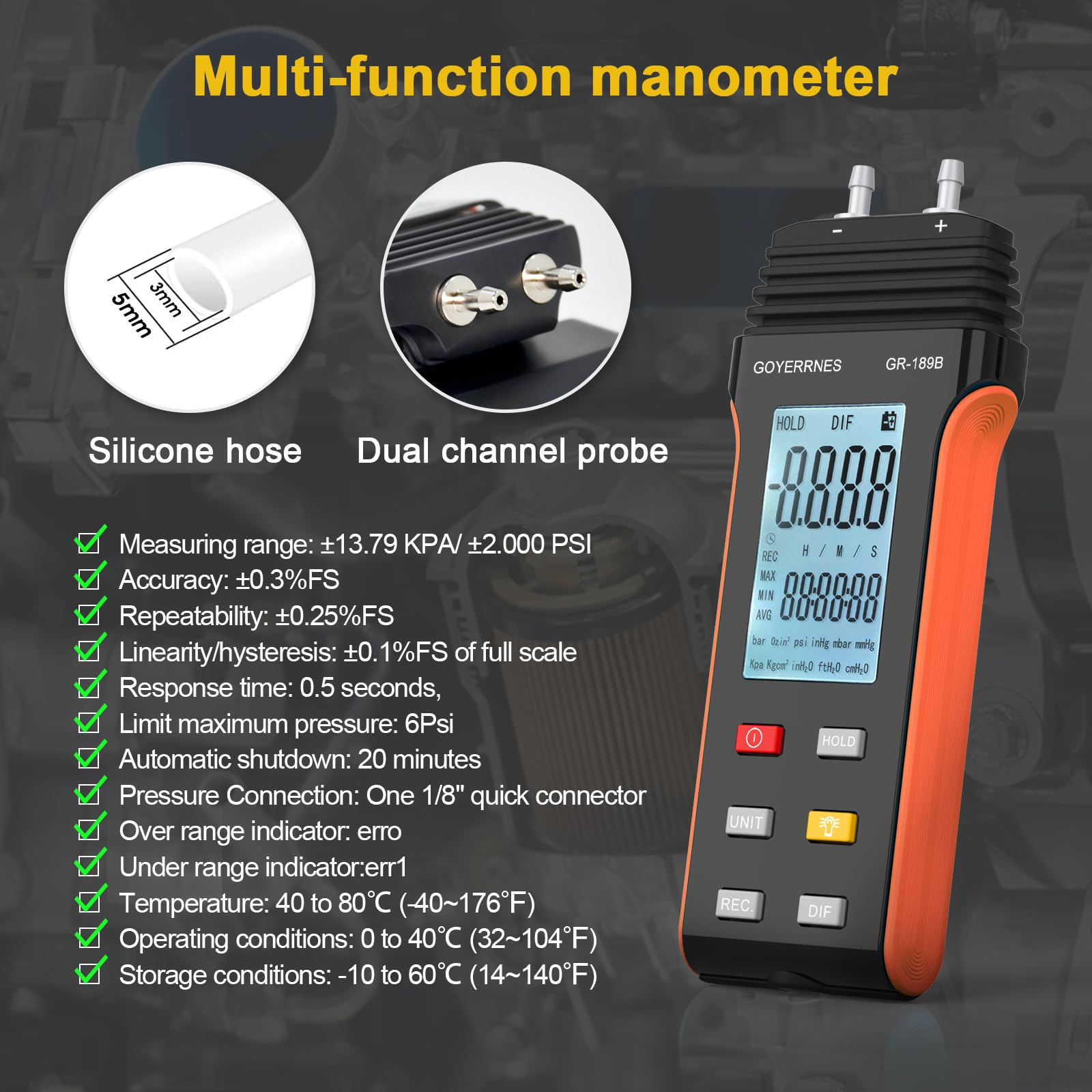 Manomètre portable Testeur de pression d'air et de gaz GR-189B Manomètre différentiel à double port 11 unités sélectionnables Manomètre différentiel Grand écran LCD