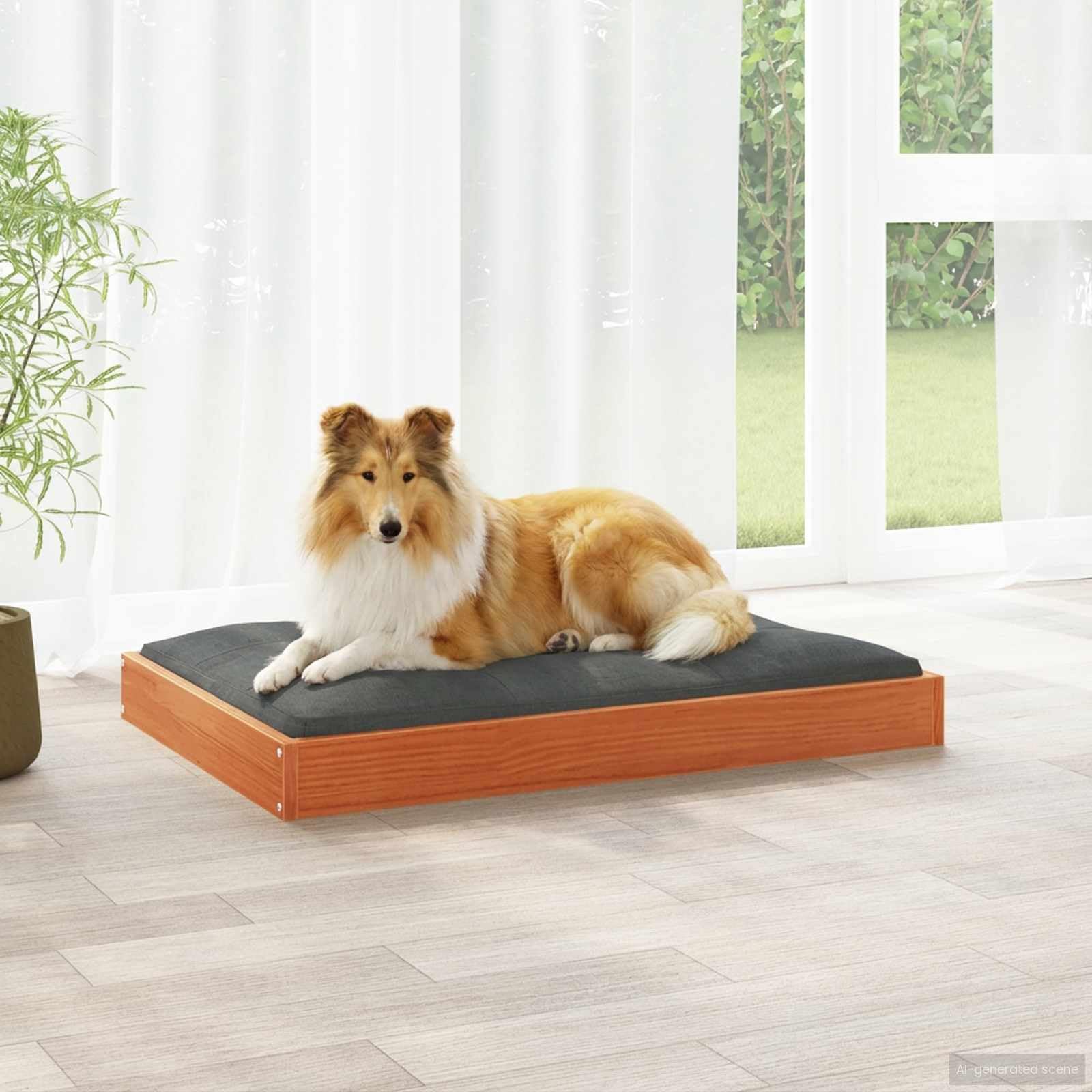Cuccia per cani marrone cera, 92 x 64 x 9 cm, in legno massiccio di pino, robusta e durevole, per interni, comodo posto per dormire per animali domestici, cuccioli e anziani, non danneggia le