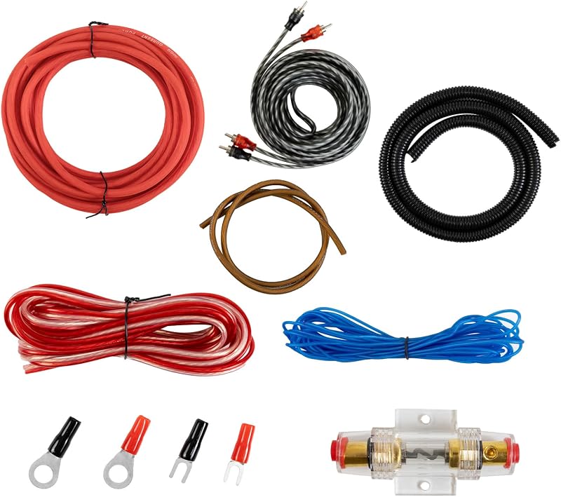 Kit de cableado para amplificador de auto Muzata 8GA M083 | Kit completo de cableado de amplificador, suministro de energía de calibre 8, protección de aislamiento de PVC duradera, seguridad de fusible ANL de 60 A