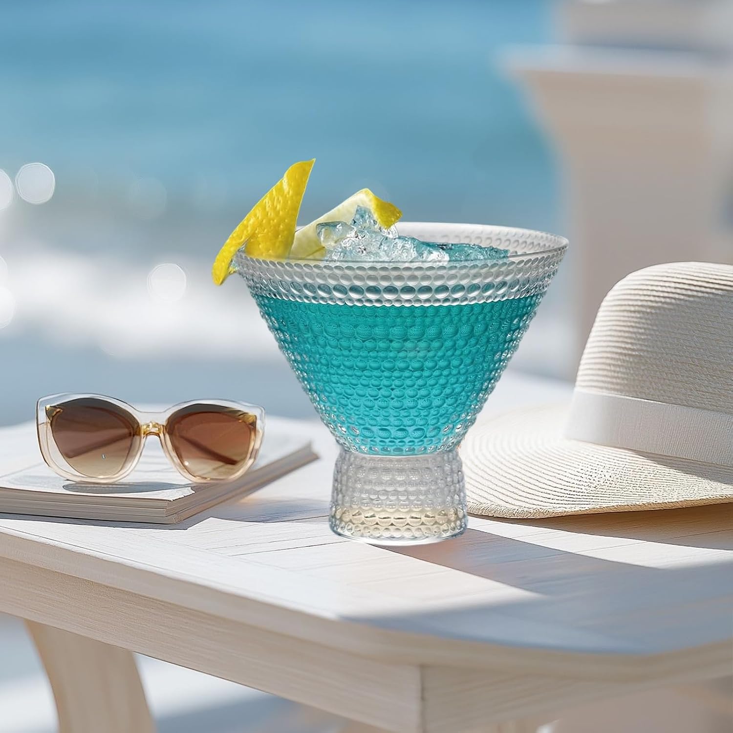 4Pcs Stemless Martini Glasses, 8oz Cocktail Cups, Clear Champagne and Margarita Glasses Thick Bottom, Embossed Texture for Parties, Home Entertaining, Bar Gifts, Dishwasher Safe