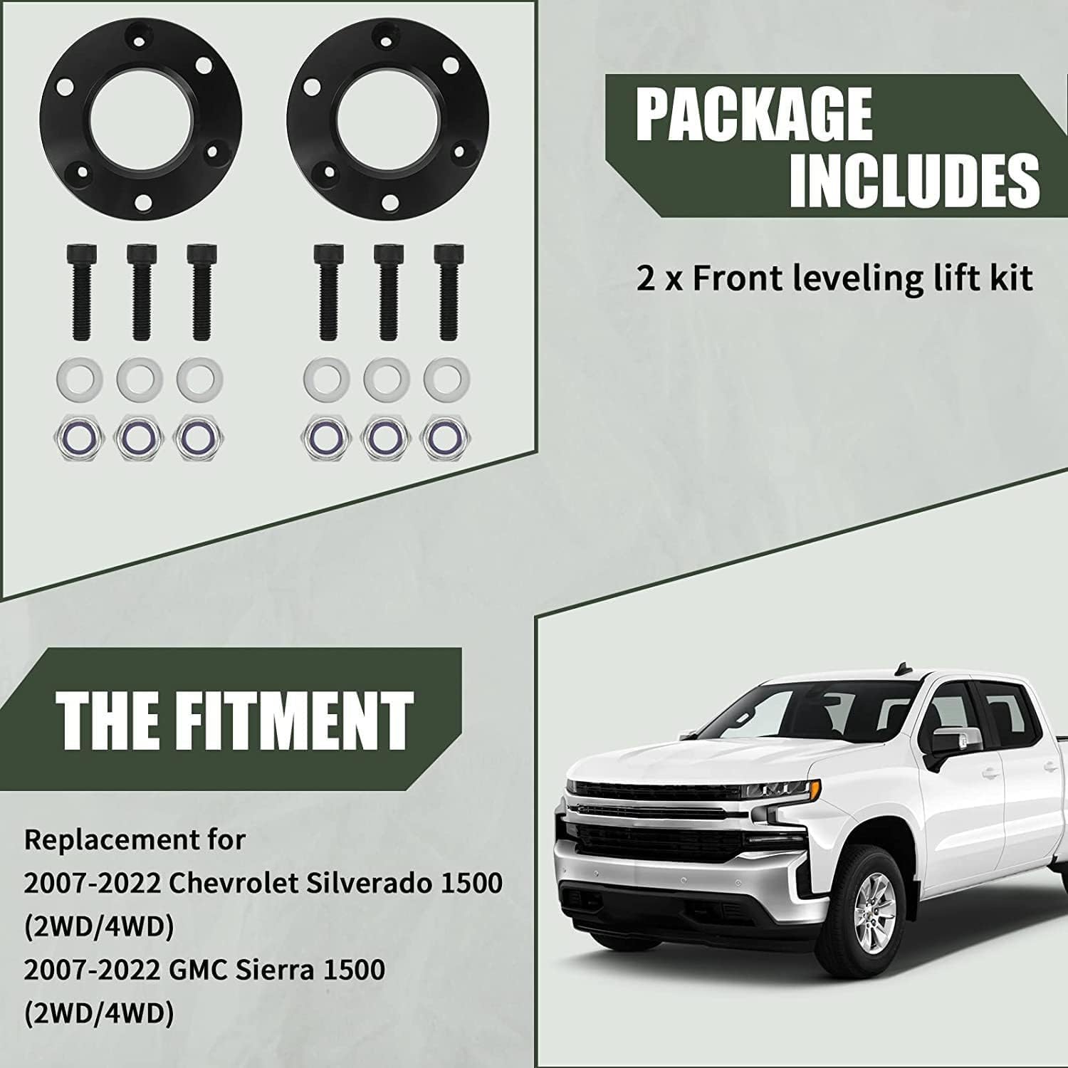 AUTOPTIM 2" Front Leveling Lift Kit - Replacement for 2007-2026 Silverado 1500 2WD 4WD, 2007-2026 GMC Sierra 1500 2WD/4WD, Aluminum Leveling Kit CNC Strut Spacers For Pick Up