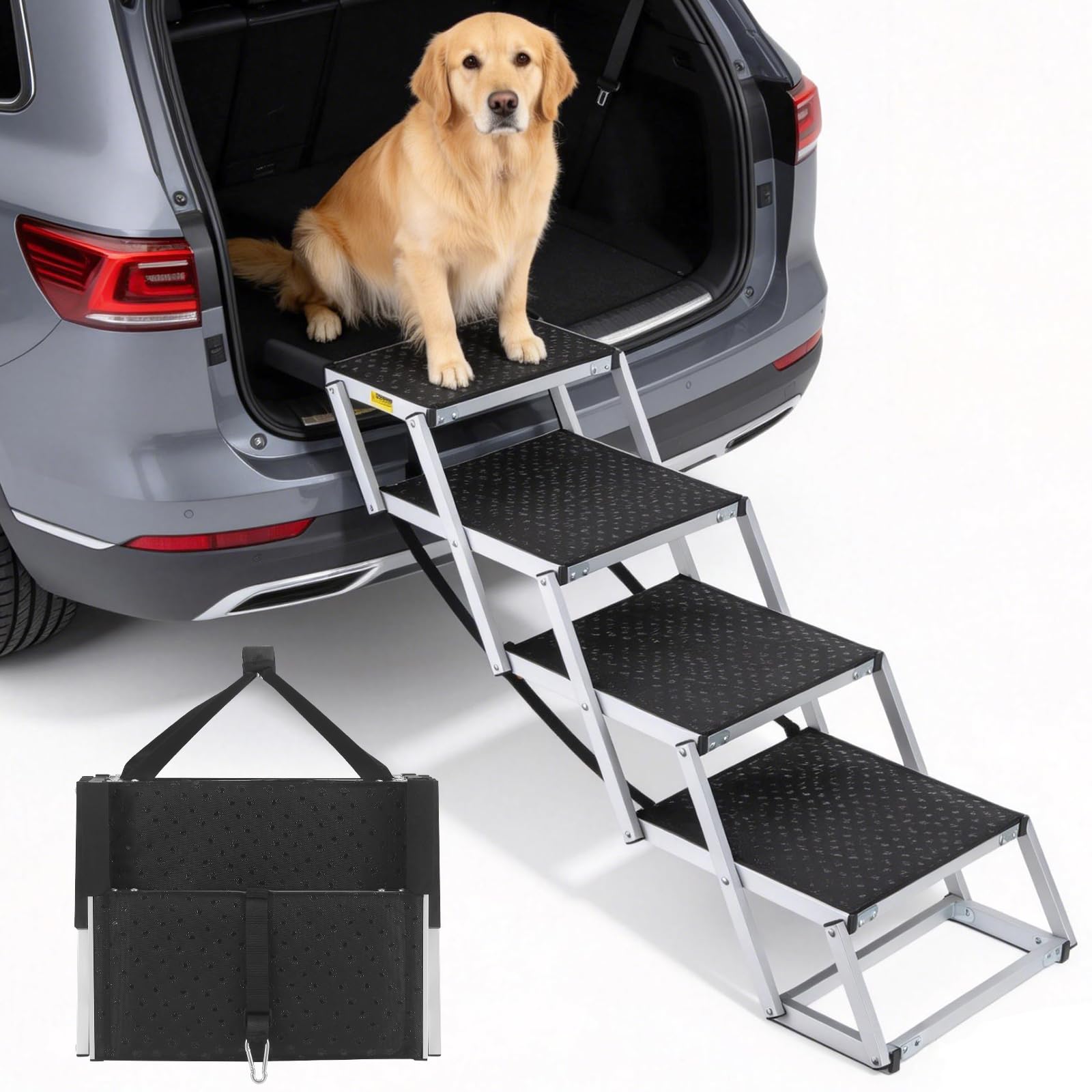Photo 1 of EIOLUIK Foldable Dog Ramp for Car - Lightweight Aluminum Dog Stairs for Large Dogs, 5-Step Dogs Ladder for SUV/Truck/Indoor Bed and Sofas, Portable Pet Steps with 154 lbs Capacity