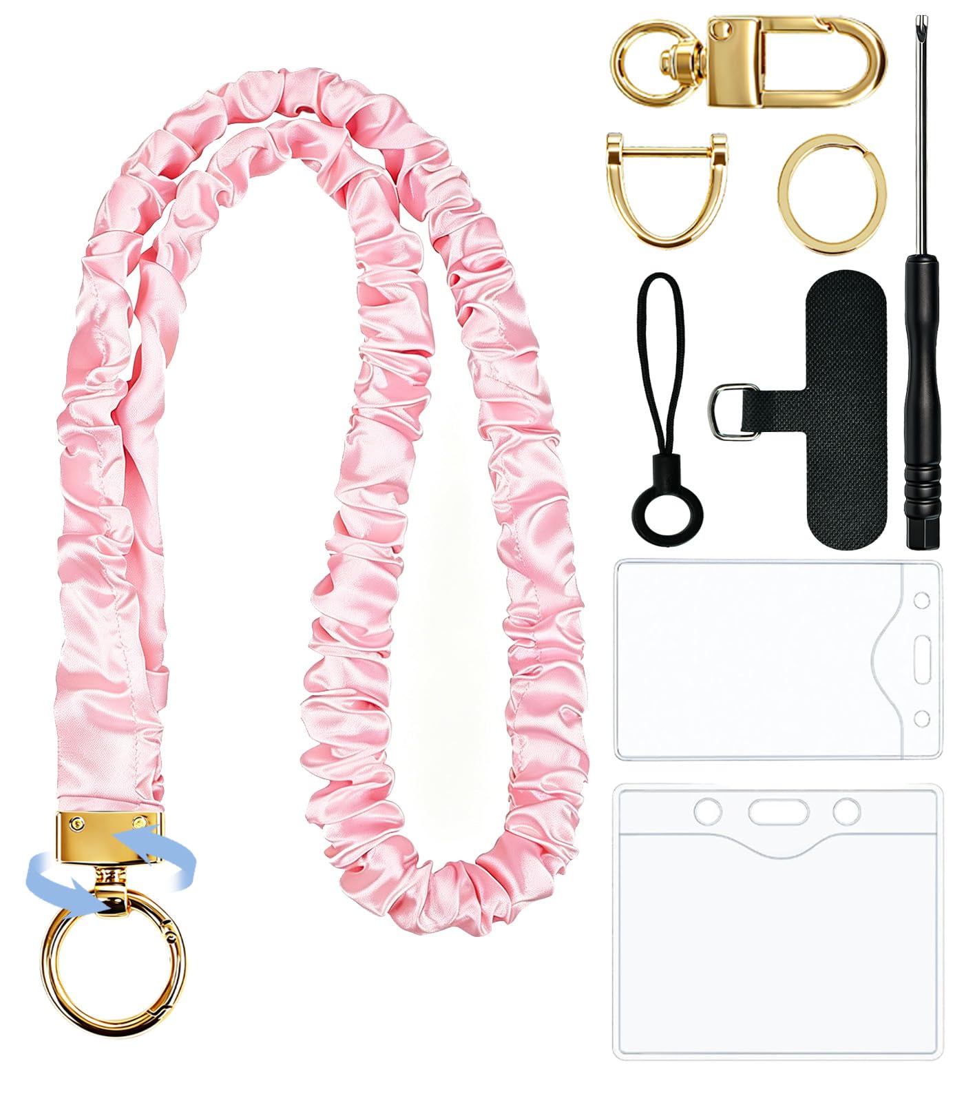 RAYTRUST Scrunchie Lanyard for ID Badges and Keys, Teacher Lanyard for Keys, Soft Satin Neck Strap, Stretchy Lanyards with ID Holder and 2 Badge Holders for Nurses & Office - 19-30" Reach