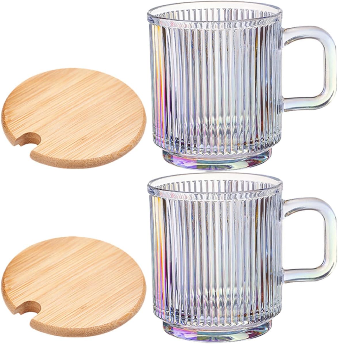 FAVOMOTO 2 Sets Glass Cups with Handles and Wood Lids, 340ml Large Capacity Water Mugs with Striped Embossed Texture and Smooth Surface, for Cold Drinks and Daily Use