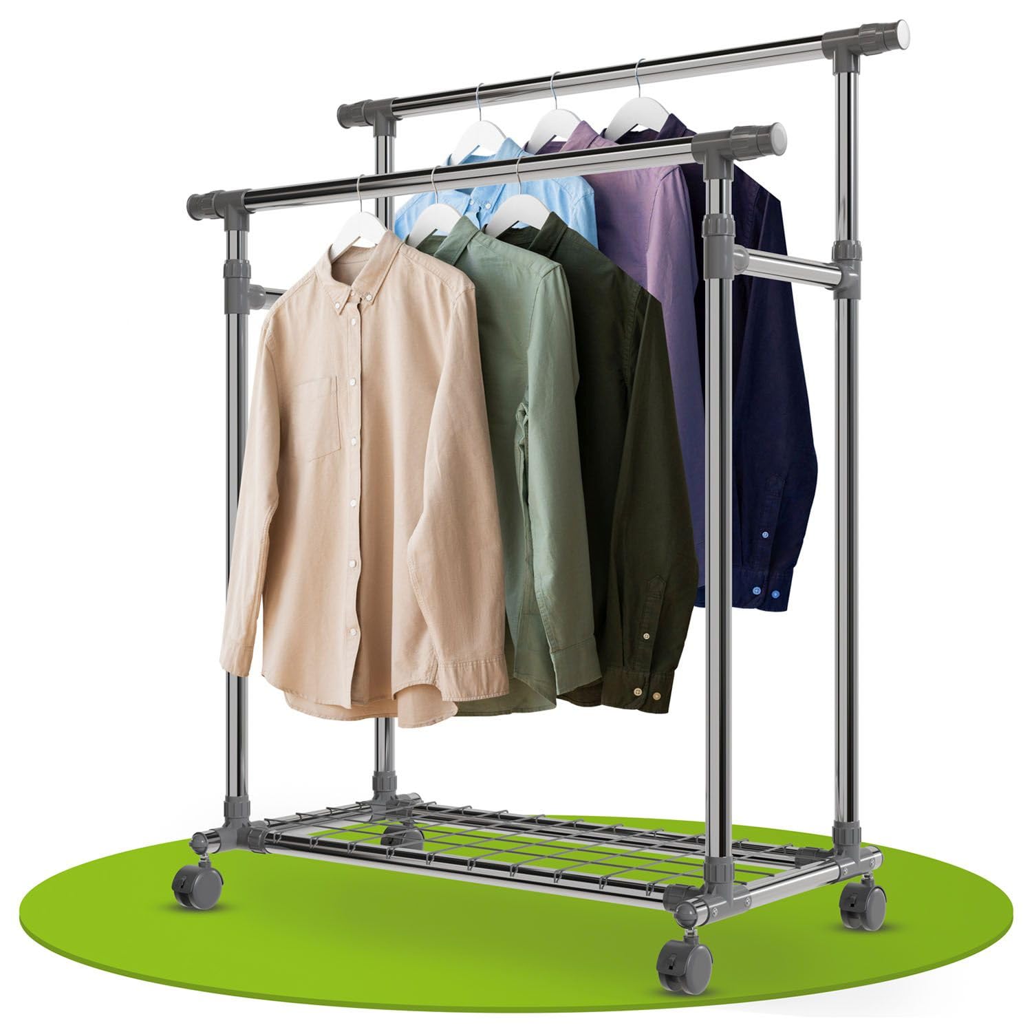 Ikloo Kleiderständer Mit Rollen – Bis 59 Kg Belastbar, Verstellbare Stange, Ausziehbar Mit Ablage – Ideal Für Schlafzimmer, Waschküche & Mehr