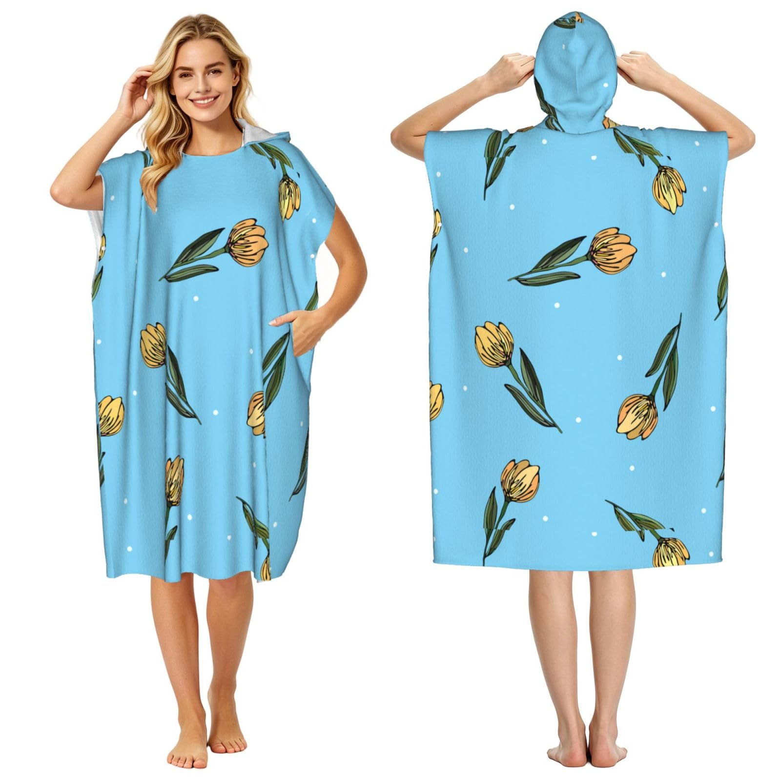 Poadnly Hand Drawn Yellow Tulips, Adult Hooded Beach Towel 90 x 110 cm,Changing Bath Robe, Surf Poncho Towel For Women Men