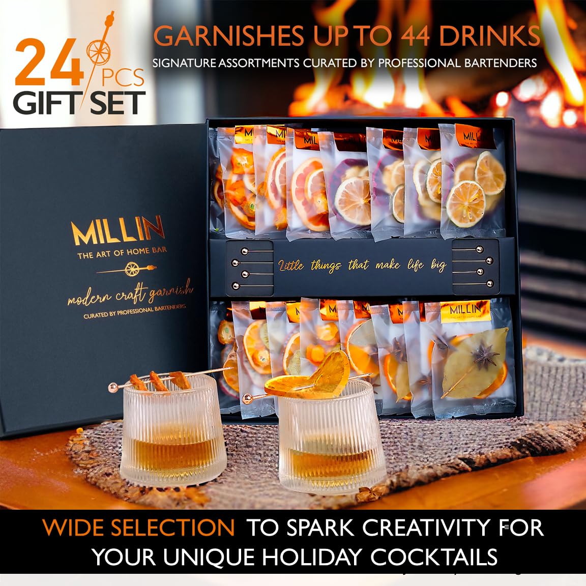 Cocktail Garnish, PREMIUM GIFT SET, with COCKTAIL PICKS I 100% Natural Dehydrated fruits I Home Bar, Barware, Hosting Men Women Corporate Holiday Bar Gift -Medium (70 slices + 8 picks)