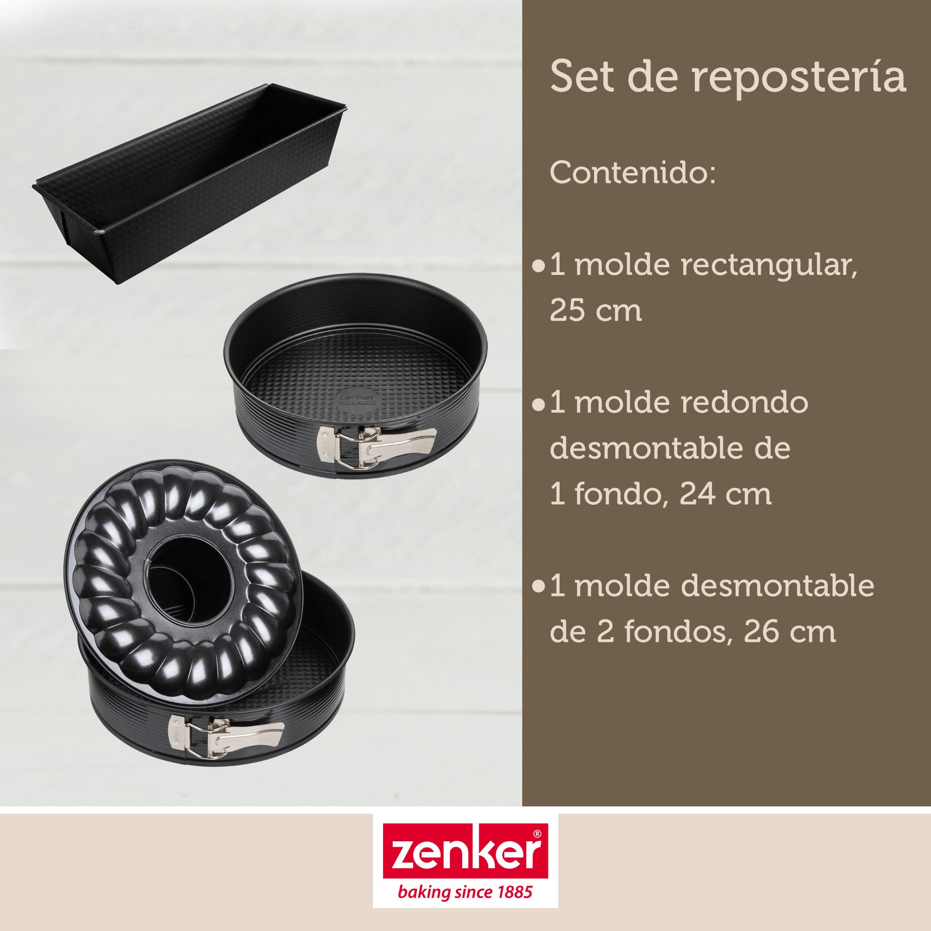 Zenker Set de Repostería, incluye 1 Molde Redondo Desmontable 24 cm, 1 Molde Rectangular 25 cm y 1 Molde Desmontable de 2 Fondos 26 cm…