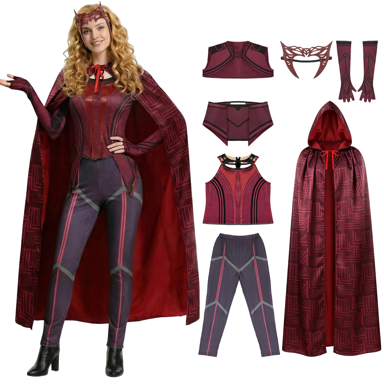SINSEN Damen Wanda Maximoff Kostüm Scarlet Witch Cosplay Hose Anzug Umhang Outfit Kopfbedeckung für Halloween und Party