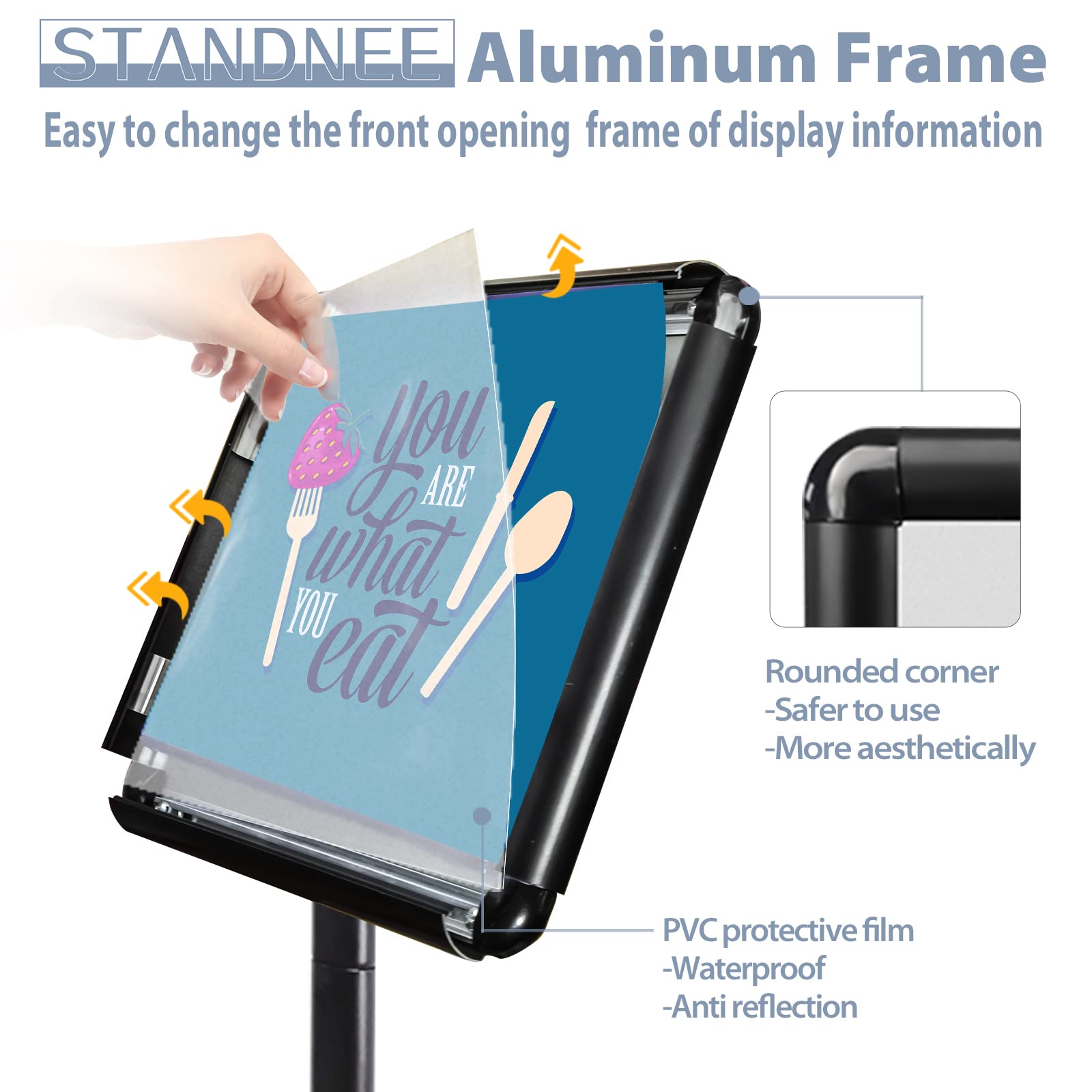 Soporte para póster de 8.5 x 11 pulgadas, soporte para letreros de pie con pedestal de pie vertical y horizontal, marco abierto de aluminio con esquina de seguridad, color negro