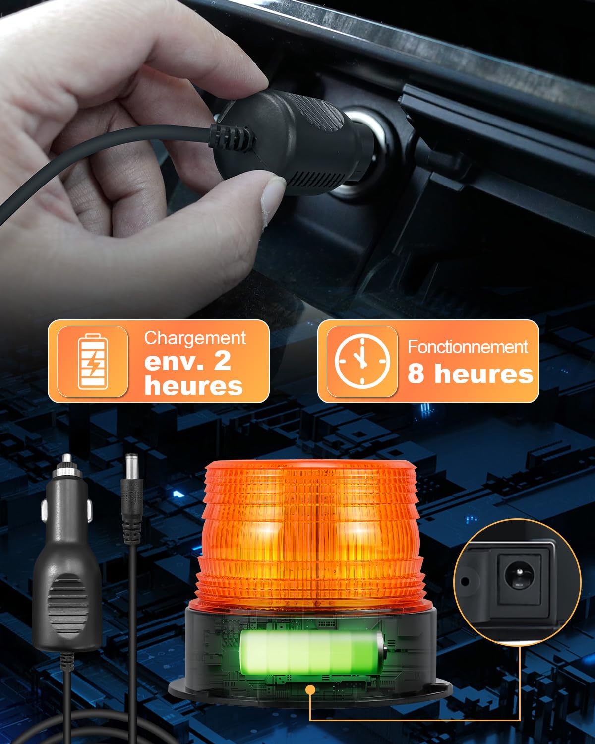 Dinfu 2x Gyrophare LED Sans Fil Rechargeable 12V-24V orange lumière stroboscopique feux clignotant magnetique d'urgence signalement lumières pour voiture auto véhicule tracteur SUV