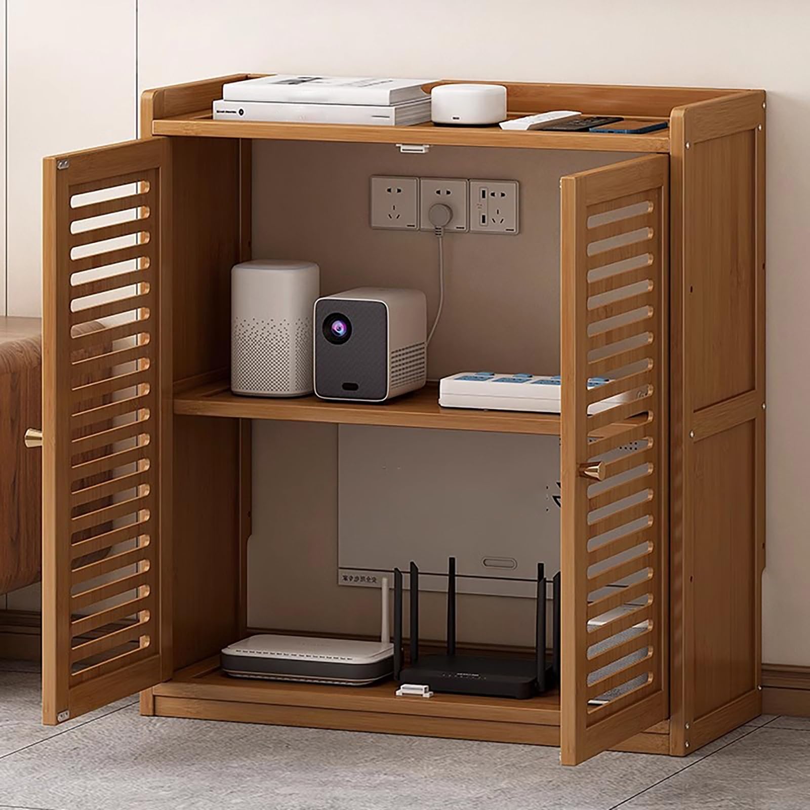 MTSYXYM WiFi Router Storage Box with Cabinet Door,Wooden Router Shelf With With Cabinet Door,For Home Bedroom Living Room.(59 * 25 * 67cm)