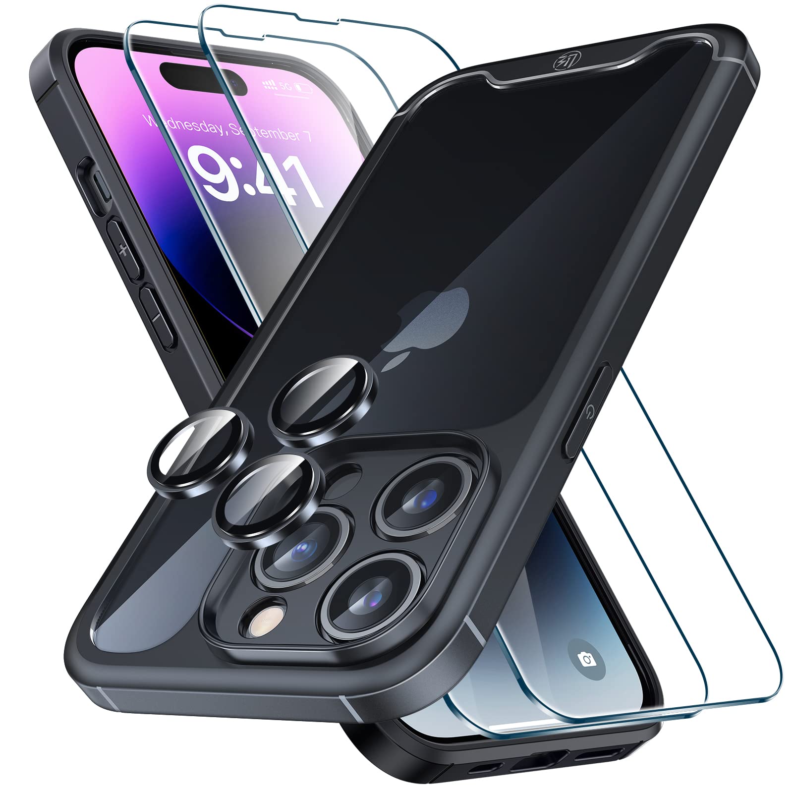 LK [3-in-1 for iPhone 14 Pro Case, with 1 Set Lens Protector + 2 Pcs 9H Tempered Glass Screen Protector, [Military Grade Shockproof] [No Yellowing] All-Round Protection Kit 6.1 inch - Black