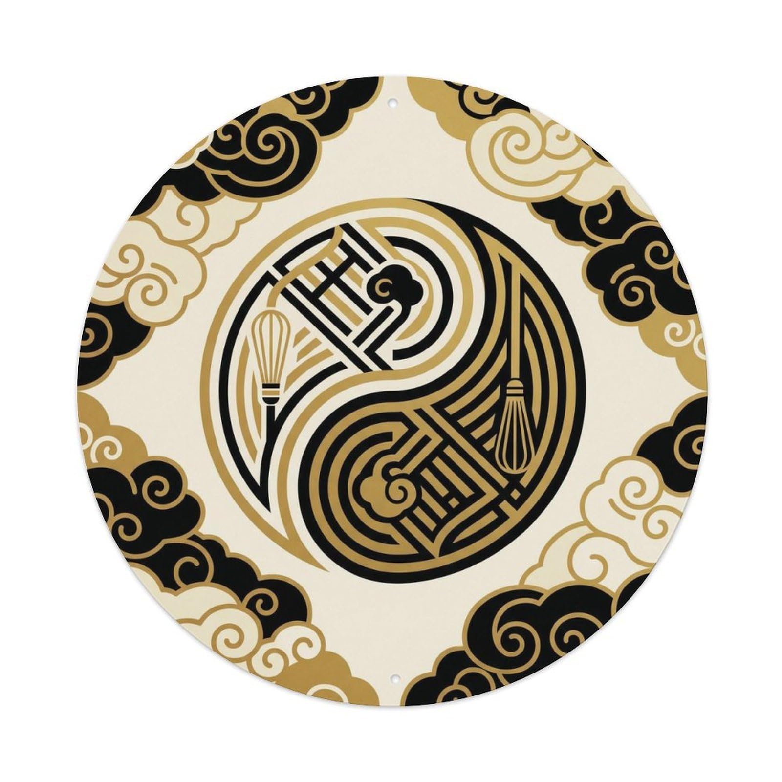 Taoist Fly Whisk Ruyi Ritual Tools Sacred Symbol Zen Metal Tin Sign Plaque Wall Decor for Cafe, Man Cave, Club Bar, Office, Home Garden Round Metal Poster 8x8Inch