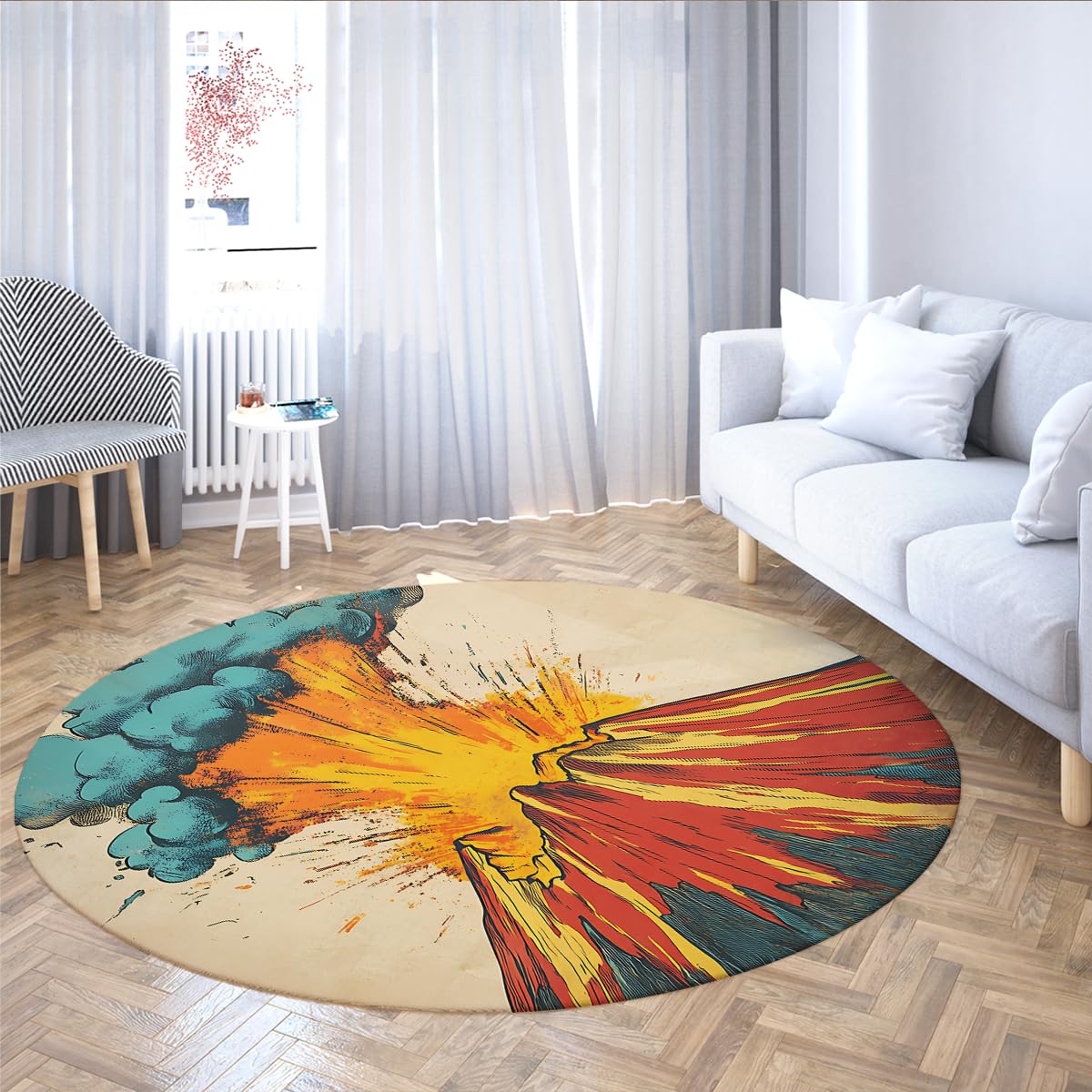 Okrągły dywan z motywem erupcji wulkanu, 150 cm, do pokoju gier, komiks, eksplozja, górskie niebo, drukowane dywany, składany, antypoślizgowy, można prać w pralce, cienkie maty podłogowe