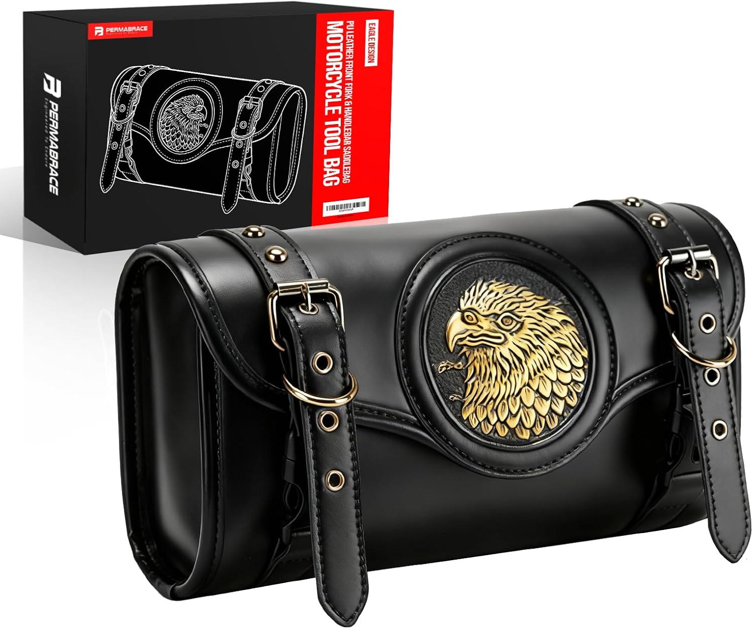 motorcycle front bag, PU Leather Front Fork & Handlebar Saddlebag with Eagle Design - Waterproof Storage Pouch for Harley Davidson, Compatible with Most Cruiser Motorcycles