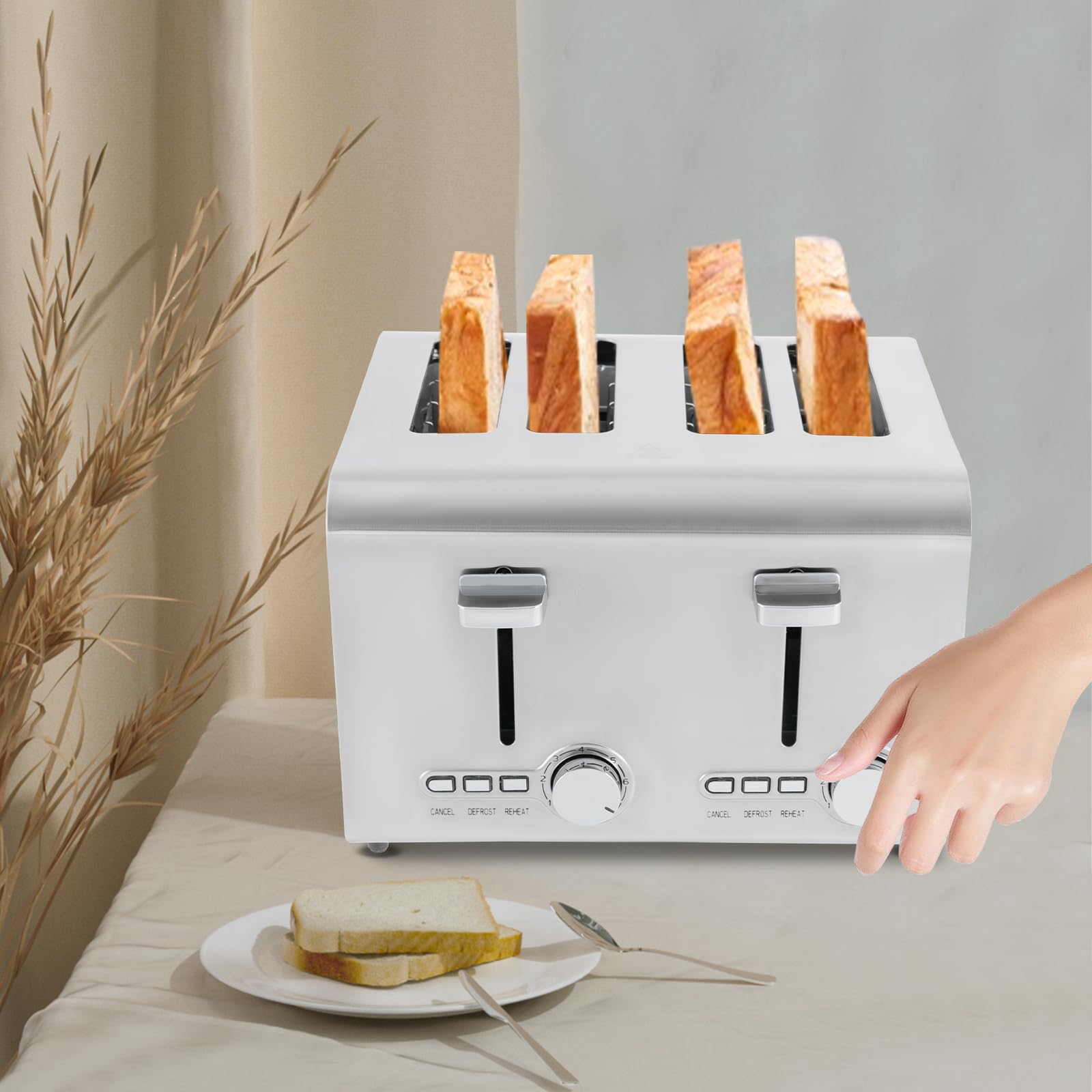 4 talerze tosterowe, 1500 W/50 Hz, stal nierdzewna 430, bardzo szeroki demontaż, podgrzewanie, rodzina piekarnia, bar przekąskowy, srebrne bułki, bułeczki i gofry