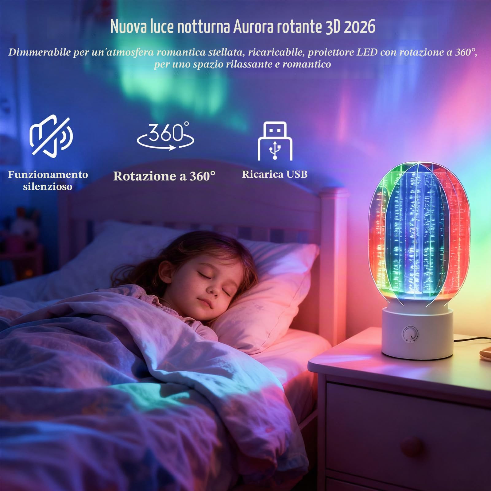 2026 Nuova luce notturna Aurora rotante 3D dimmerabile, per un'atmosfera romantica stellata, proiettore LED rotante a 360°, regalo di Natale e compleanno, decorazione per la cameretta dei